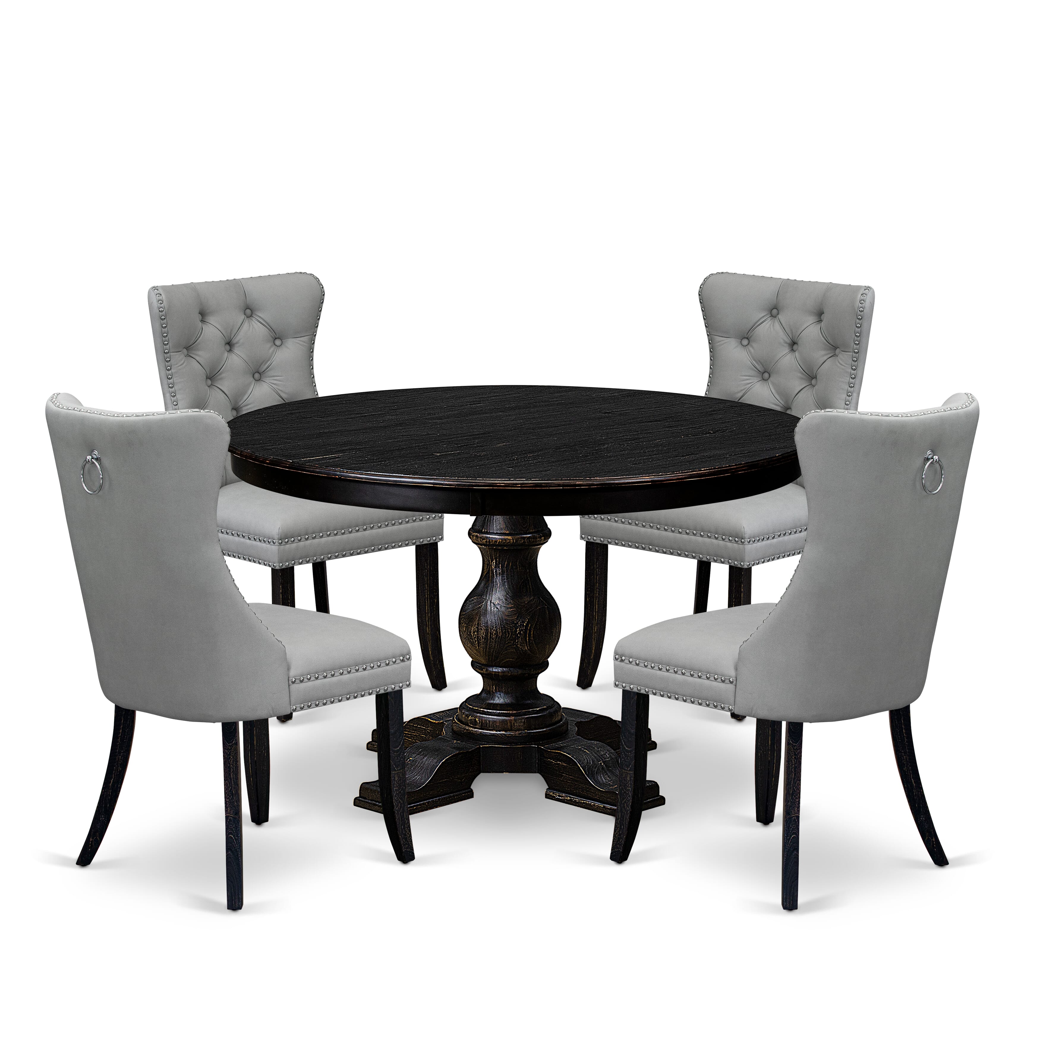 Luxe by East West Furniture F5DA5-411-27 5 Piece Dining Table Set Contains a 48" Round Table with Pedestal and 4 Light Gray Faux Leather Parson Chairs, Sand Blasted Black