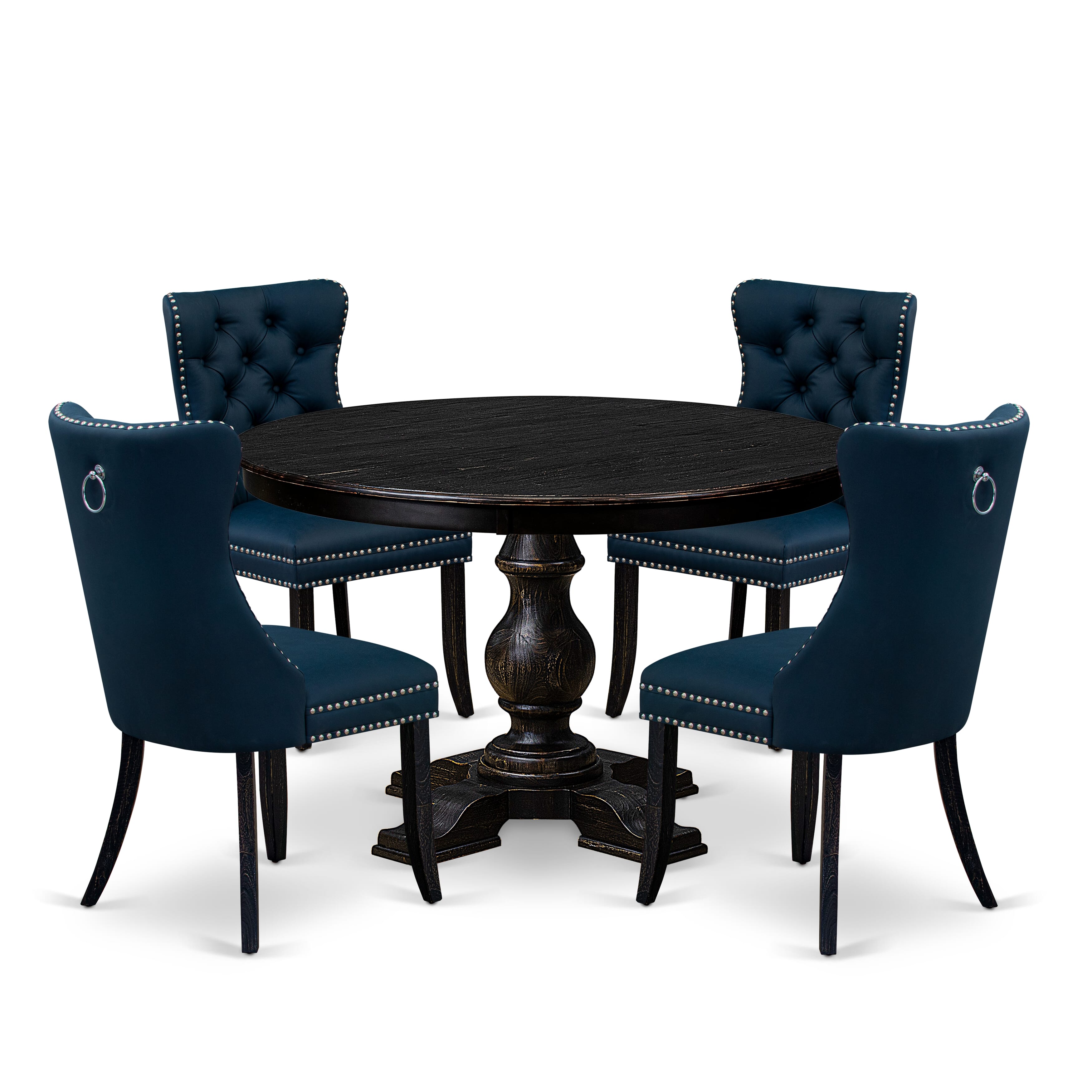 Luxe by East West Furniture F5DA5-411-29 5 Piece Dining Table Set Consists of a 48" Round Table with Pedestal and 4 Navy Blue Faux Leather Parson Chairs, Sand Blasted Black