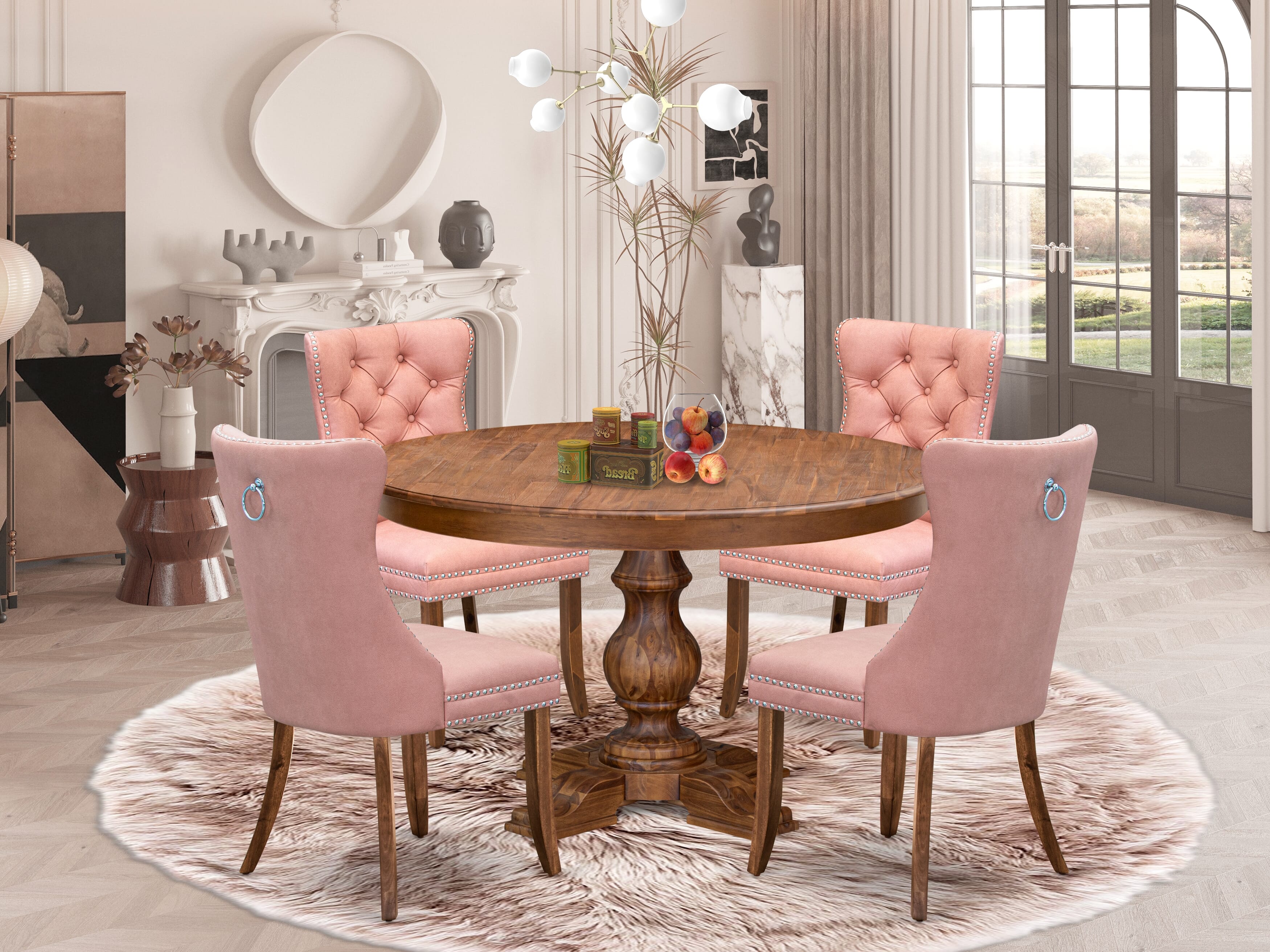 Luxe by East West Furniture F5DA5-50N-23 5-Pc Dining Set Contain a Wooden Kitchen Table and 4 Beige Red Faux Leather Parson Chairs with Button-Tufted Back, Antique Walnut