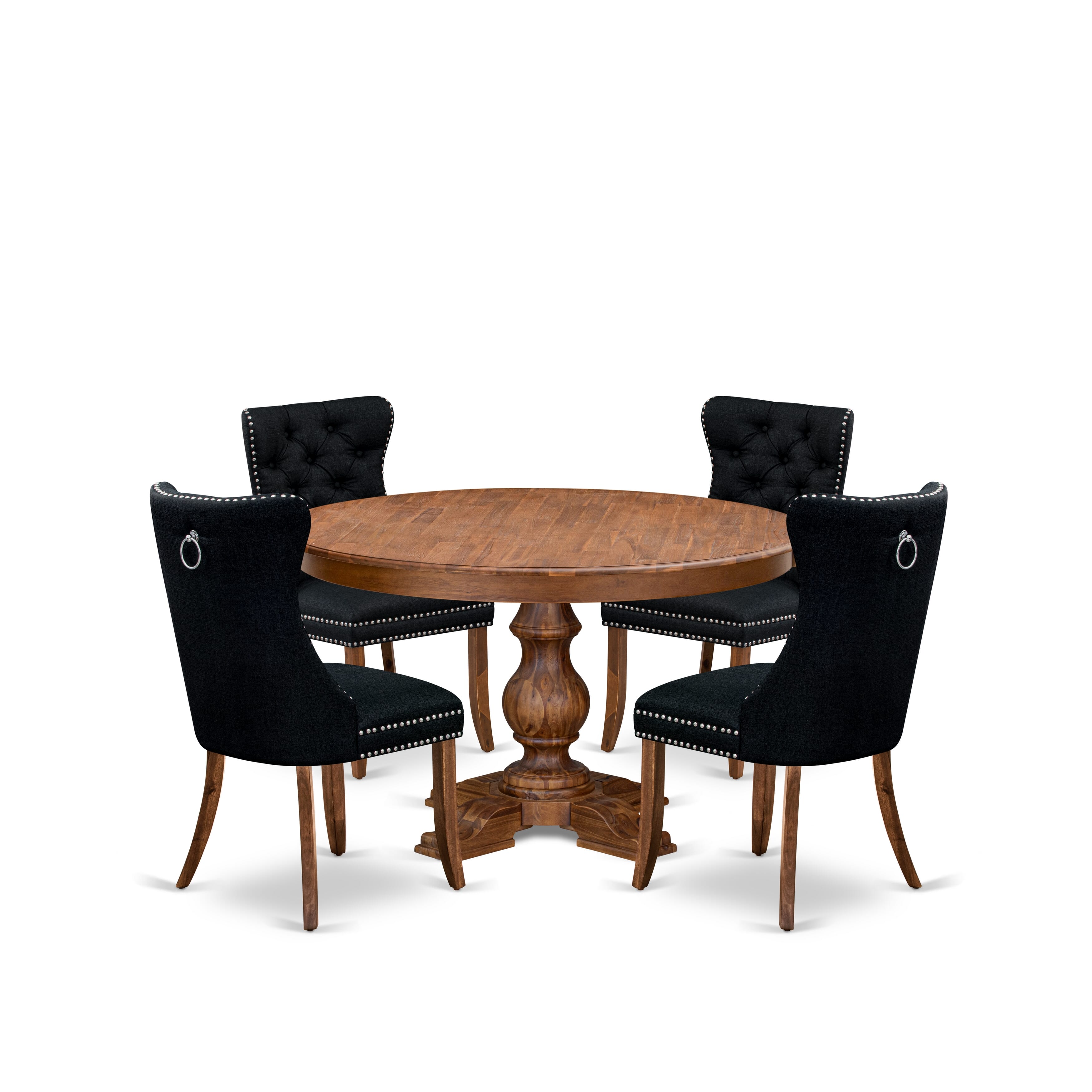 Luxe by East West Furniture F5DA5-50N-24 5-Piece Kitchen Table Set with Linen Fabric 4 Black Parson chairs, Button-Tufted Backs, and a 54"Round Table in Antique Walnut Finish.