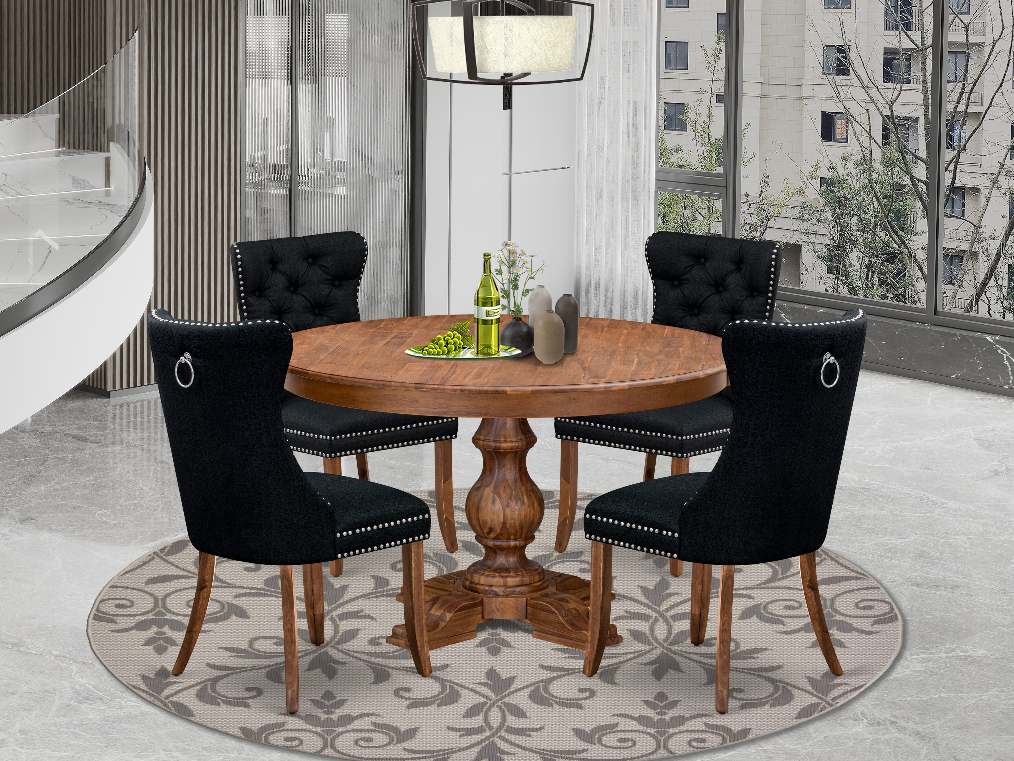 Luxe by East West Furniture F5DA5-50N-24 5-Piece Kitchen Table Set with Linen Fabric 4 Black Parson chairs, Button-Tufted Backs, and a 54"Round Table in Antique Walnut Finish.