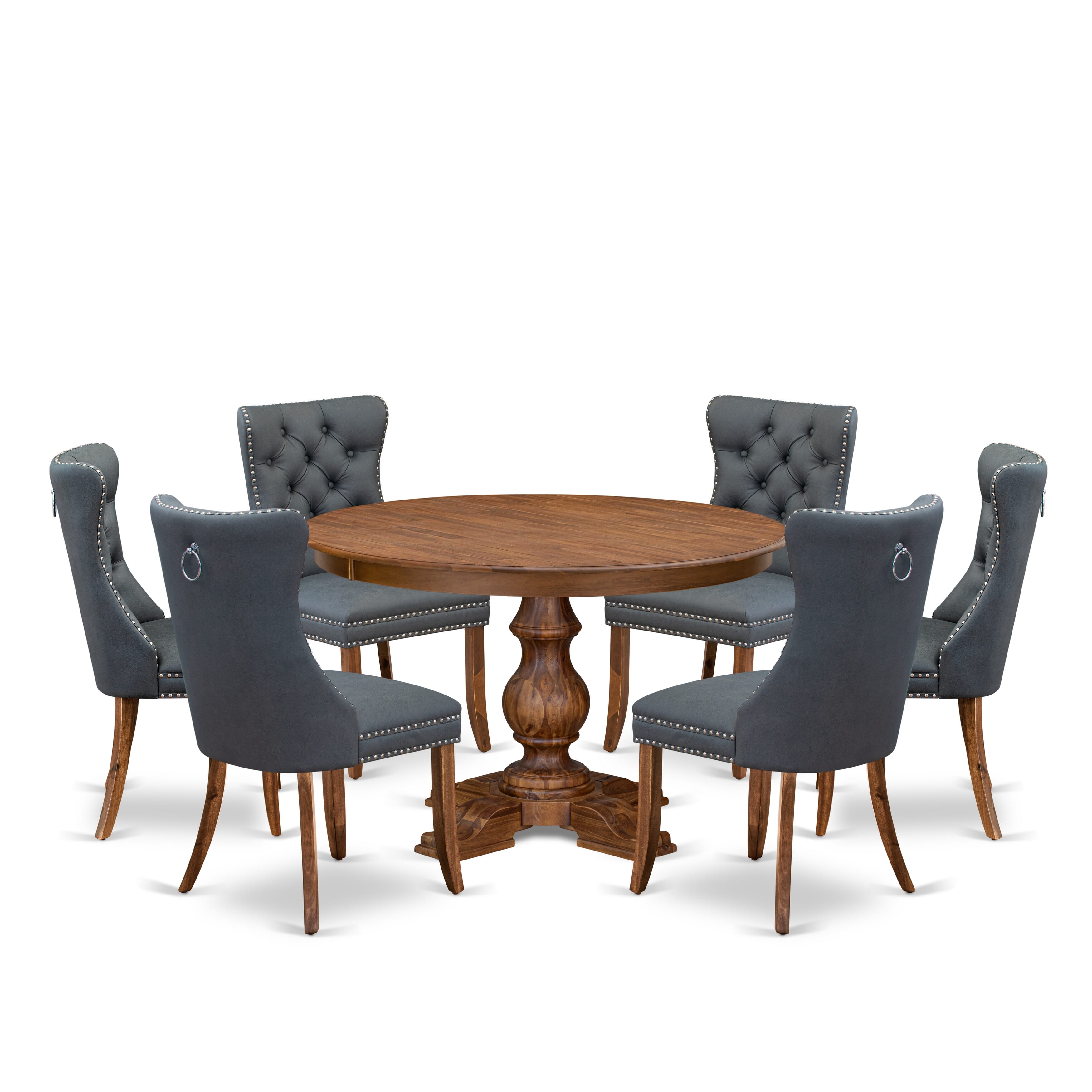 Luxe by East West Furniture F5DA7-40N-13 7-piece Mid-century Dining table set included a Kitchen Table and 6 Platinum Gray Faux Leather Dining Chairs with Button Tufted Back - Antique Walnut Finish