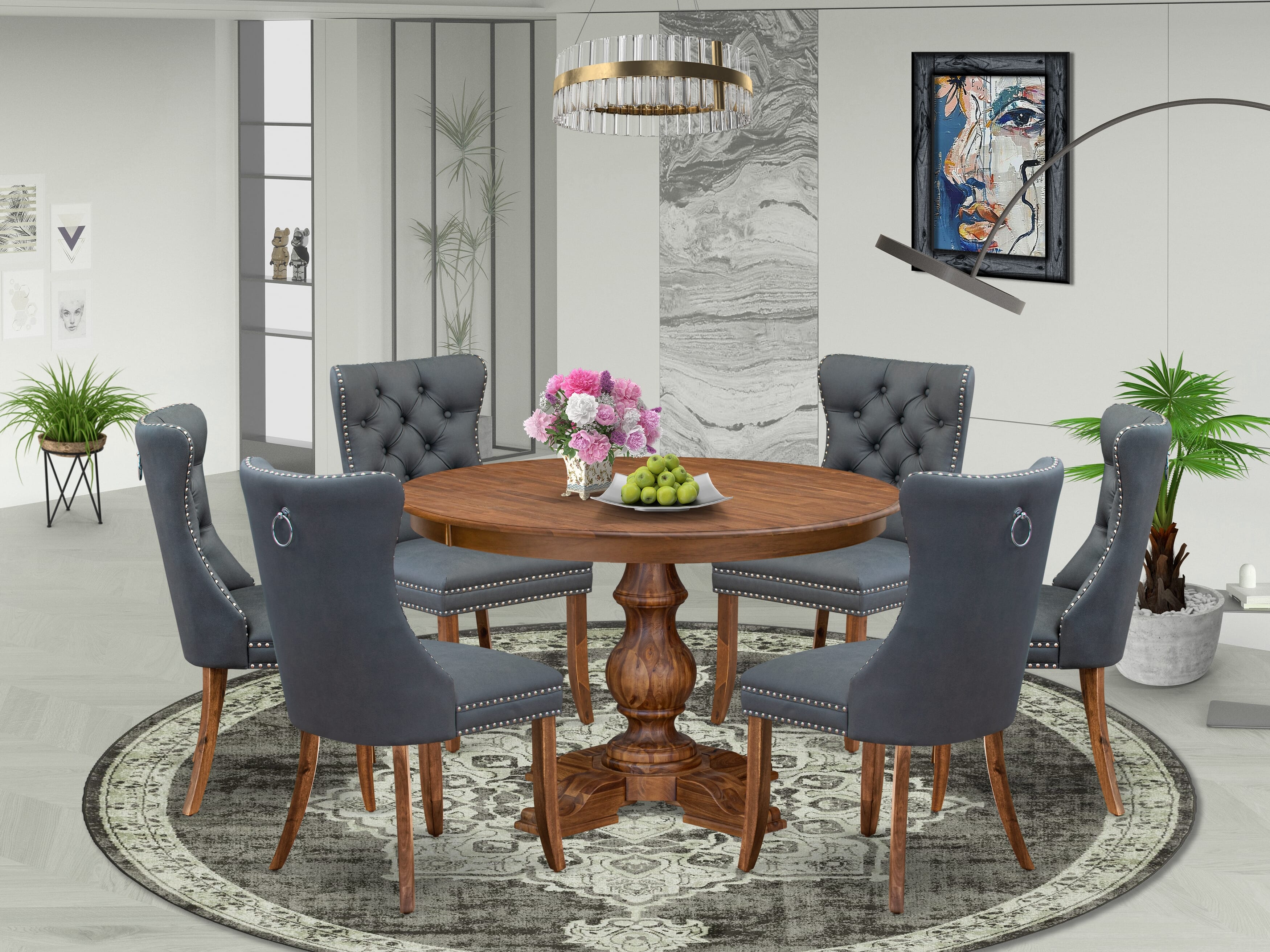 Luxe by East West Furniture F5DA7-40N-13 7-piece Mid-century Dining table set included a Kitchen Table and 6 Platinum Gray Faux Leather Dining Chairs with Button Tufted Back - Antique Walnut Finish