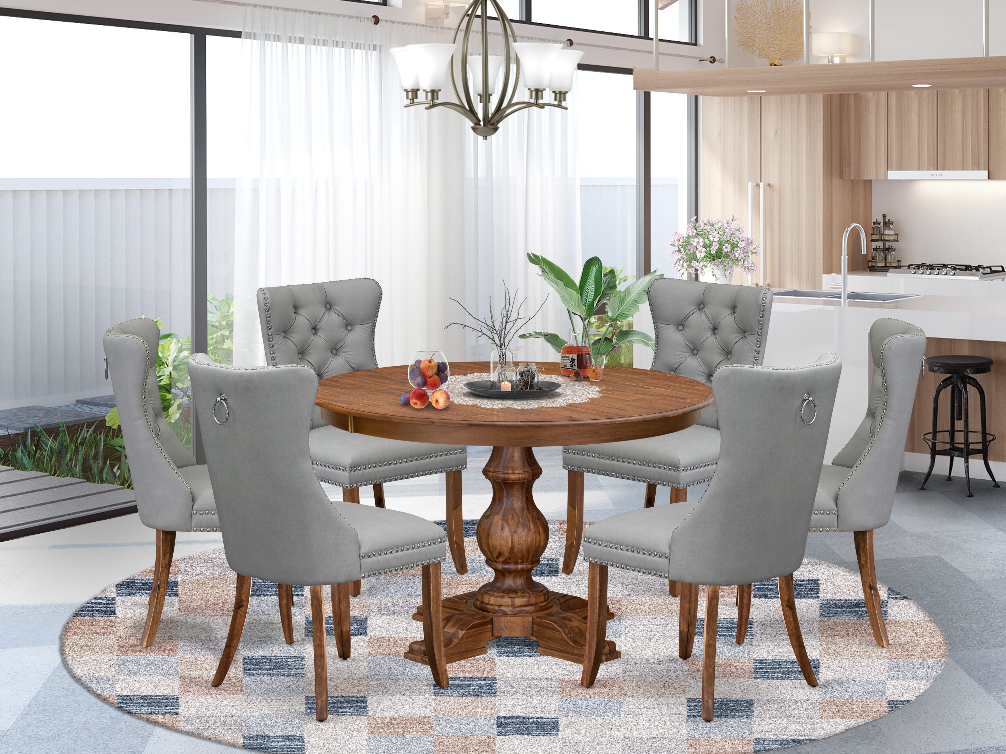 Luxe by East West Furniture F5DA7-40N-27 7-Pc Modern Dining Set Include a Modern Table and 6 Light Gray Faux Leather Upholstered Chairs with Button-Tufted Back, Antique Walnut