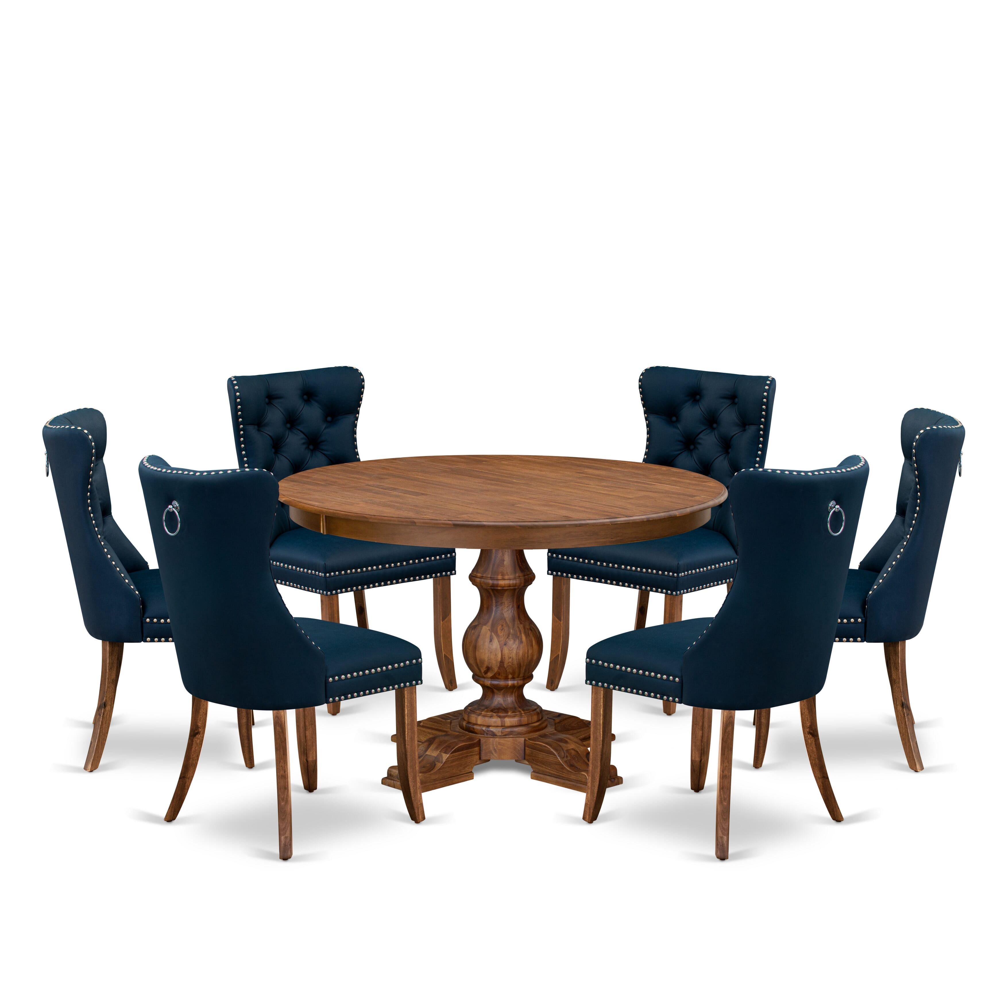 Luxe by East West Furniture F5DA7-40N-29 7-Piece Kitchen Table Set featuring 6 navy blue faux leather dining chairs with button-tufted backs and a 48" round kitchen table in an antique walnut finish.