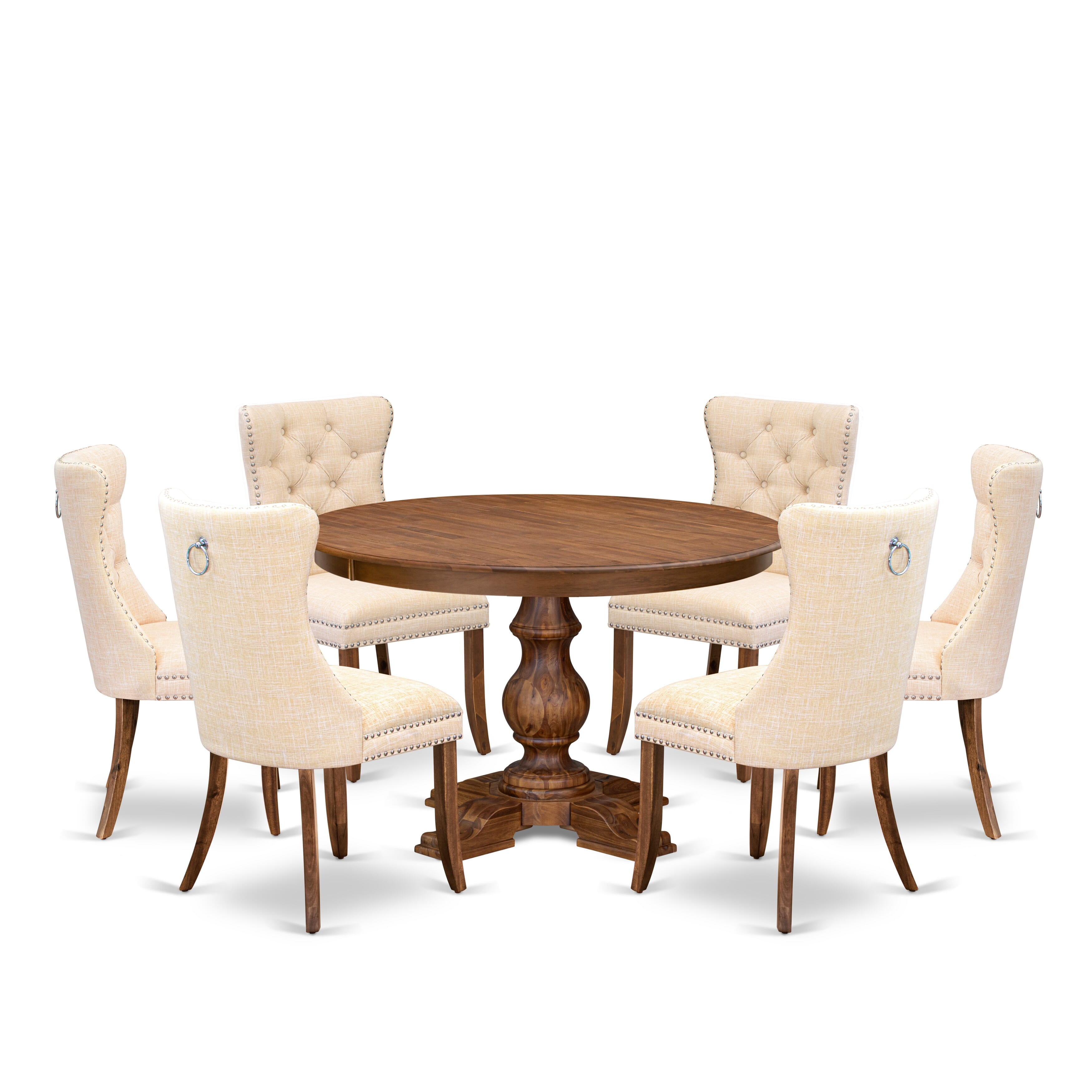 Luxe by East West Furniture F5DA7-40N-32 7-Piece Modern Dining Set with Linen Fabric 6 Light Beige Kitchen chairs, Button-Tufted Backs, and a 48"Round Breakfast Table in Antique Walnut Finish.