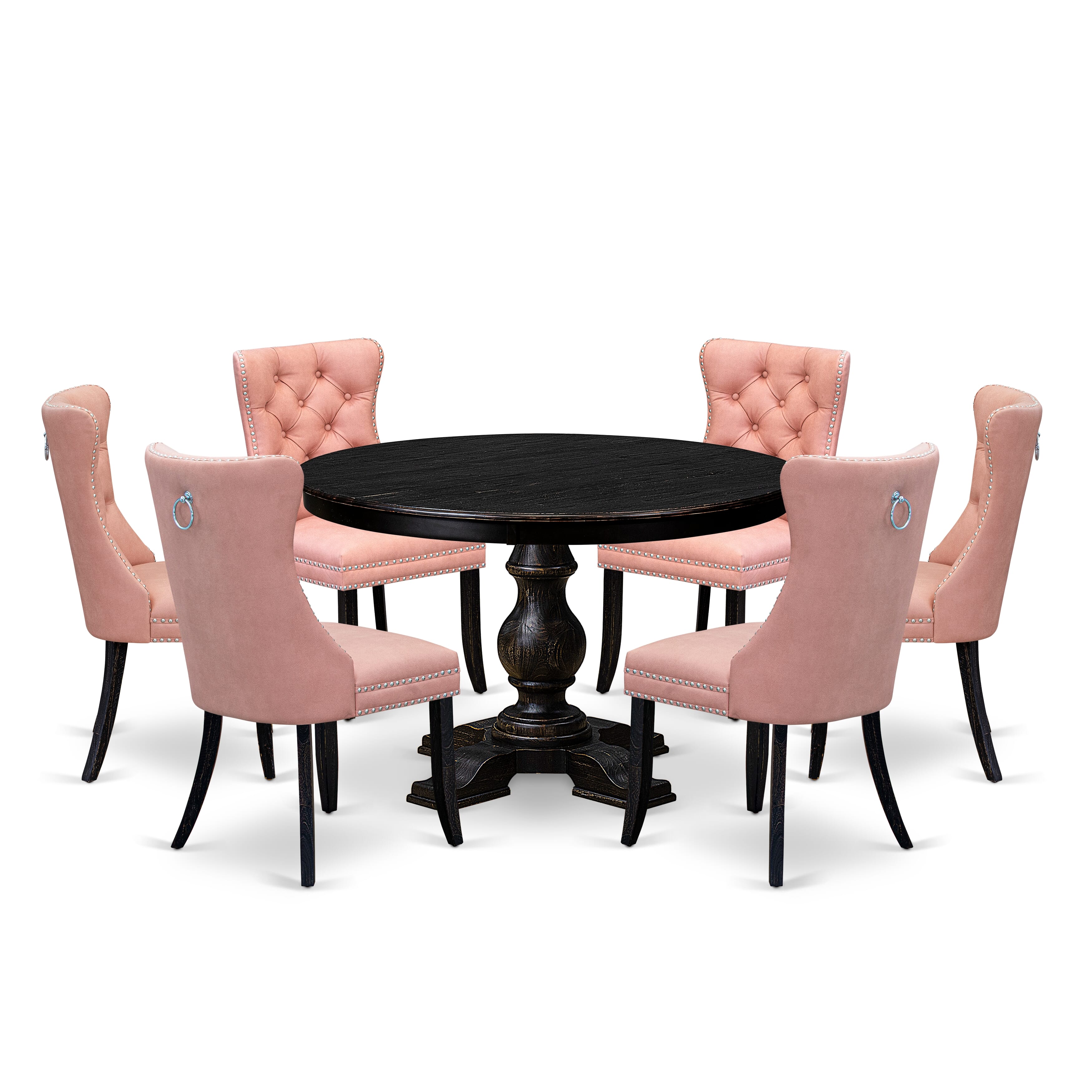 Luxe by East West Furniture F5DA7-411-23 7 Piece Dining Set Includes a 48" Round Kitchen Table with Pedestal and 6 Beige Red Faux Leather Parson Chairs, Sand Blasted Black
