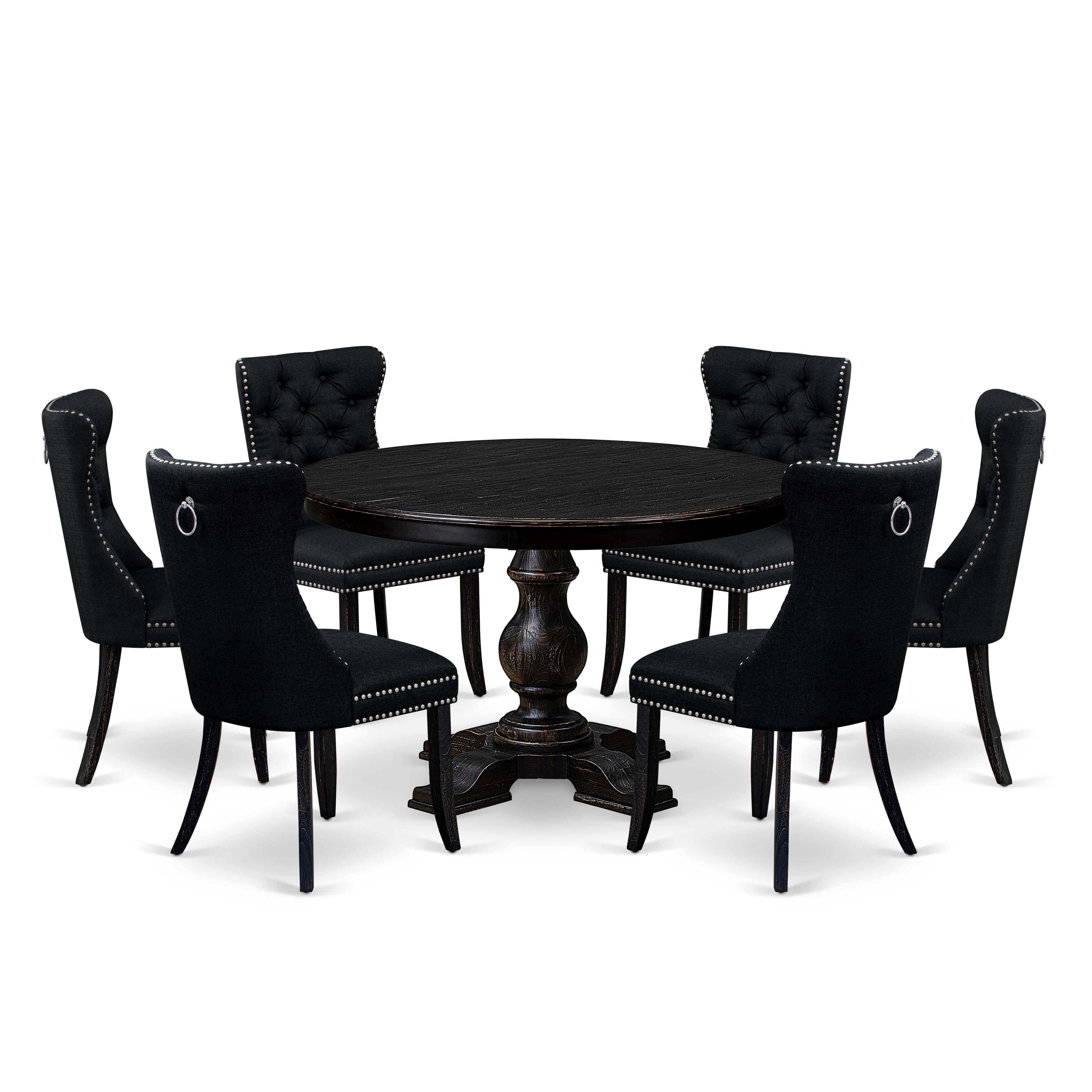 Luxe by East West Furniture F5DA7-411-24 7 Piece Kitchen Table Set Contains a 48" Round Table with Pedestal and 6 Black Linen Fabric Upholstered Chairs, Sand Blasted Black