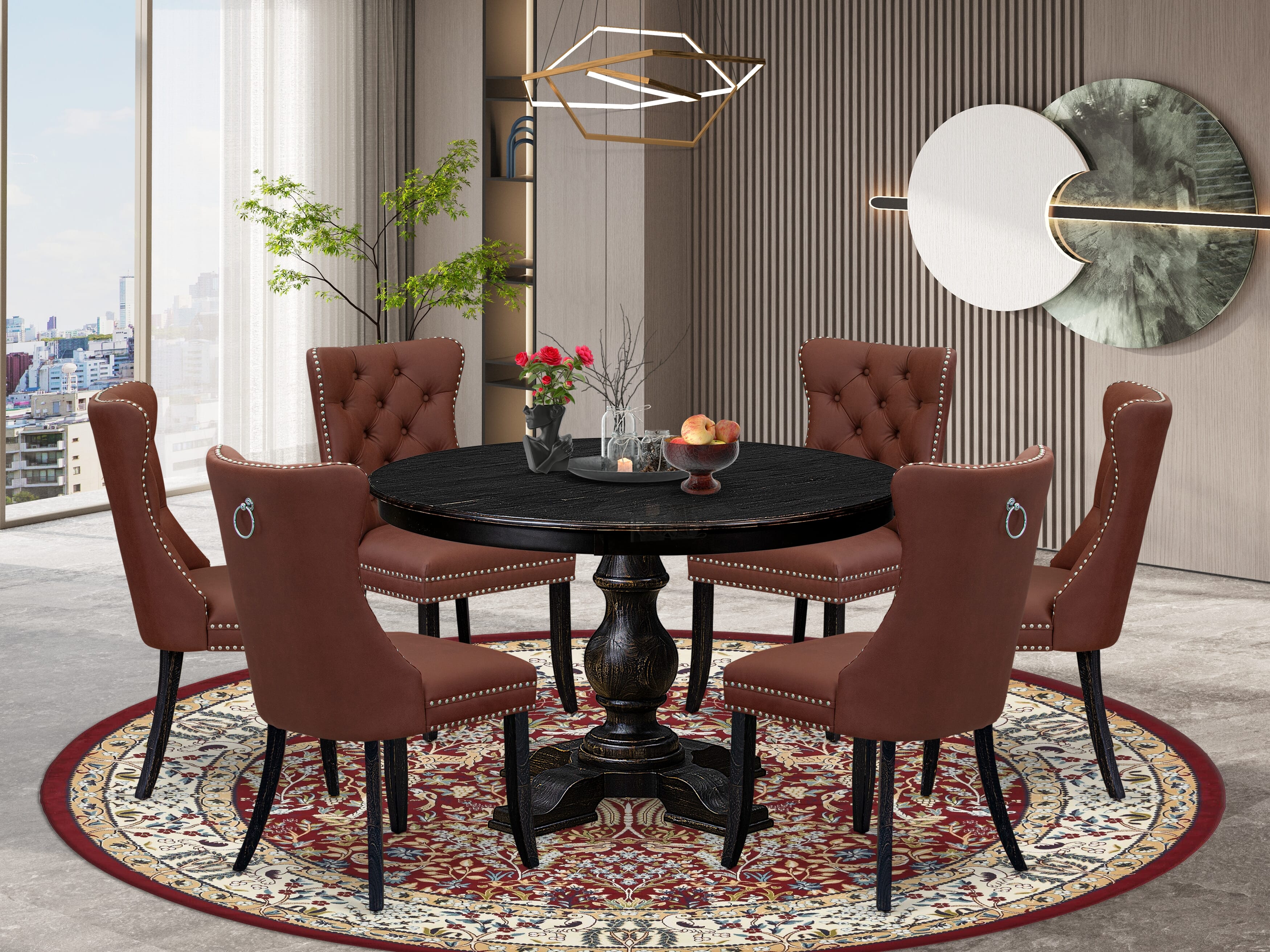 Luxe by East West Furniture F5DA7-411-26 7 Piece Dining Table Set Includes a 48" Round Table with Pedestal and 6 Burgundy Faux Leather Upholstered Chairs, Sand Blasted Black