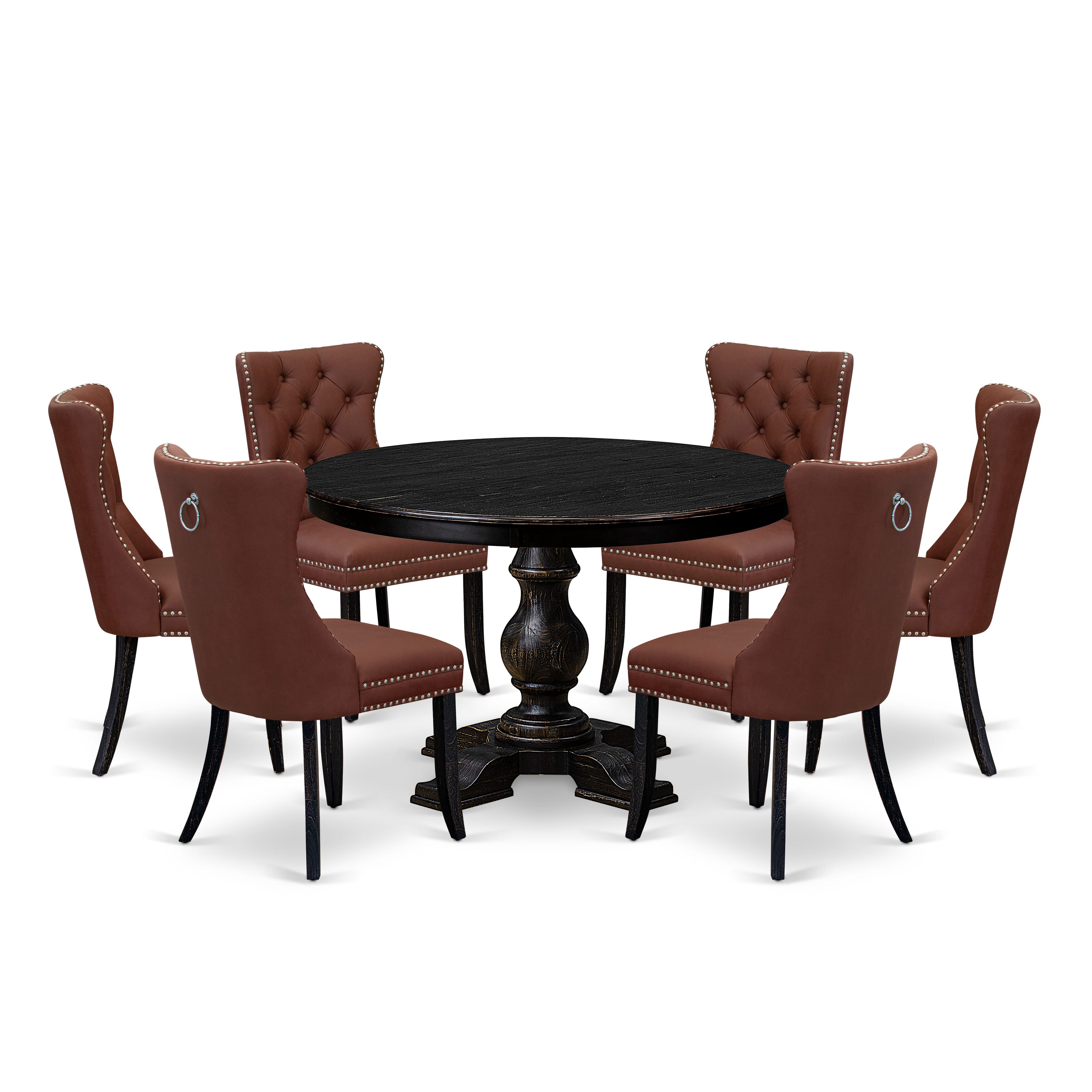 Luxe by East West Furniture F5DA7-411-26 7 Piece Dining Table Set Includes a 48" Round Table with Pedestal and 6 Burgundy Faux Leather Upholstered Chairs, Sand Blasted Black