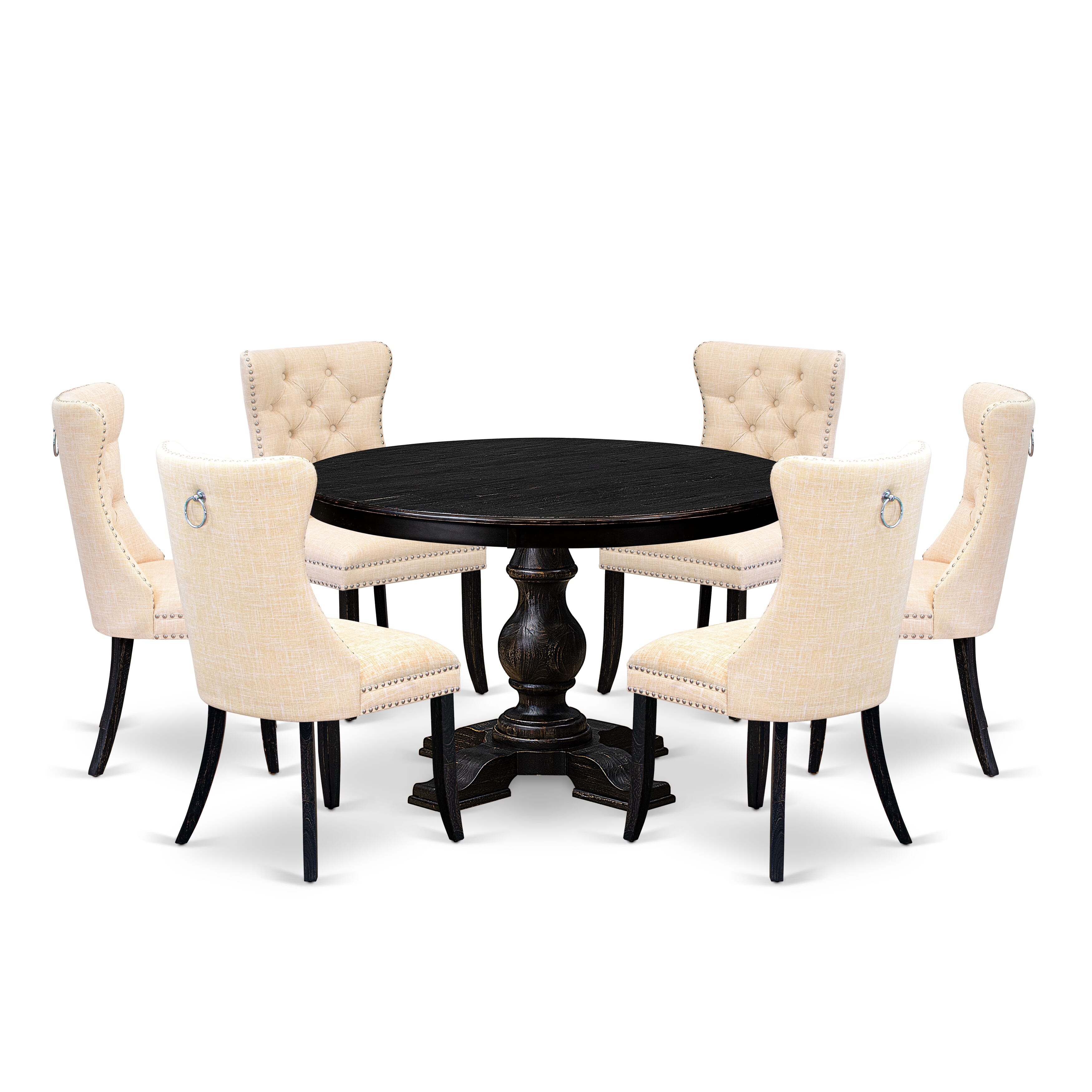 Luxe by East West Furniture F5DA7-411-32 7-pc Dinette Set consists of a kitchen table and 6 Light Beige Linen Fabric dinner chair with Button Tufted Back - Sand Blasted Black