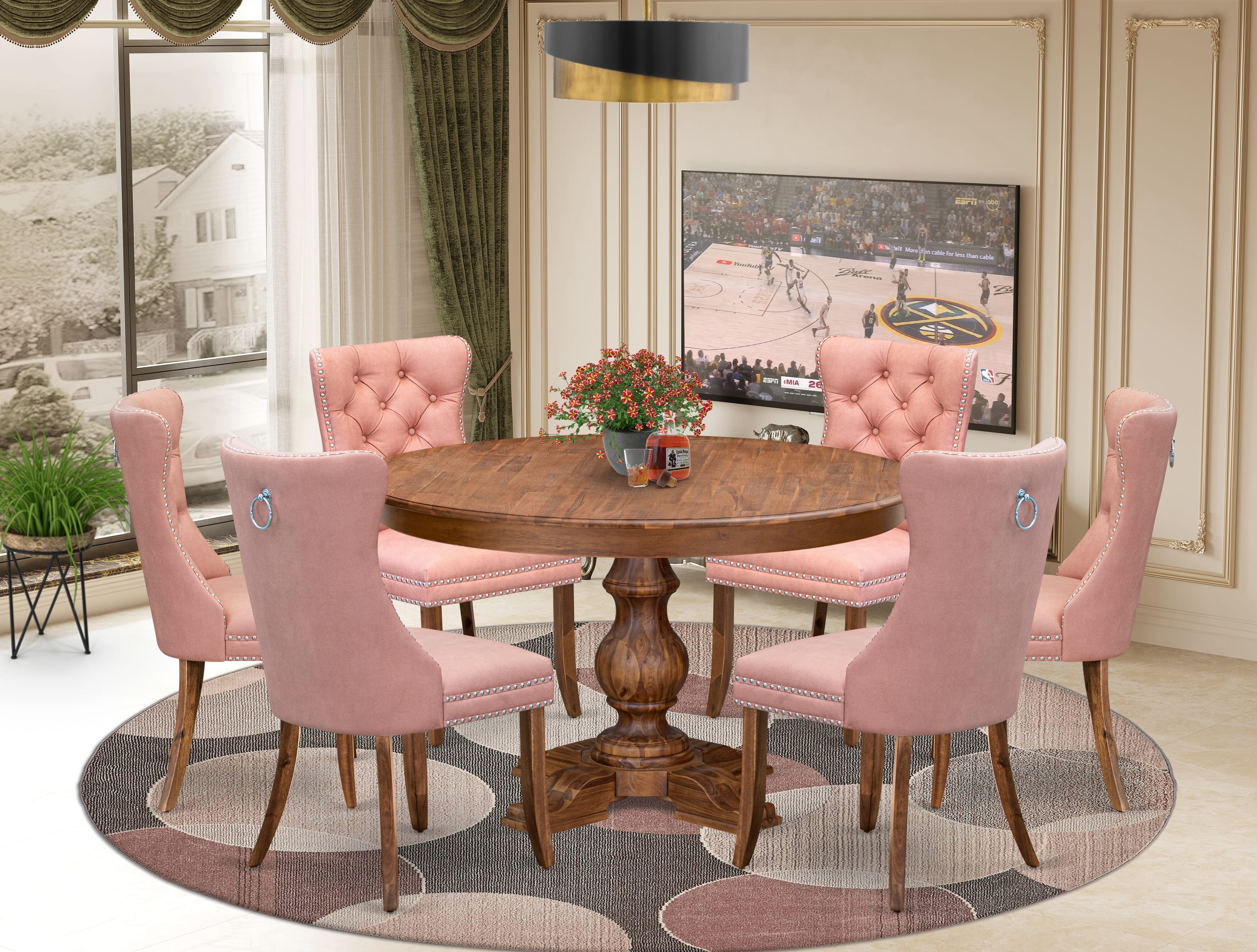 Luxe by East West Furniture F5DA7-50N-23 7-Pc Dining Room Set Include a Table and 6 Beige Red Faux Leather Upholstered Dining Chairs with Button-Tufted Back, Antique Walnut