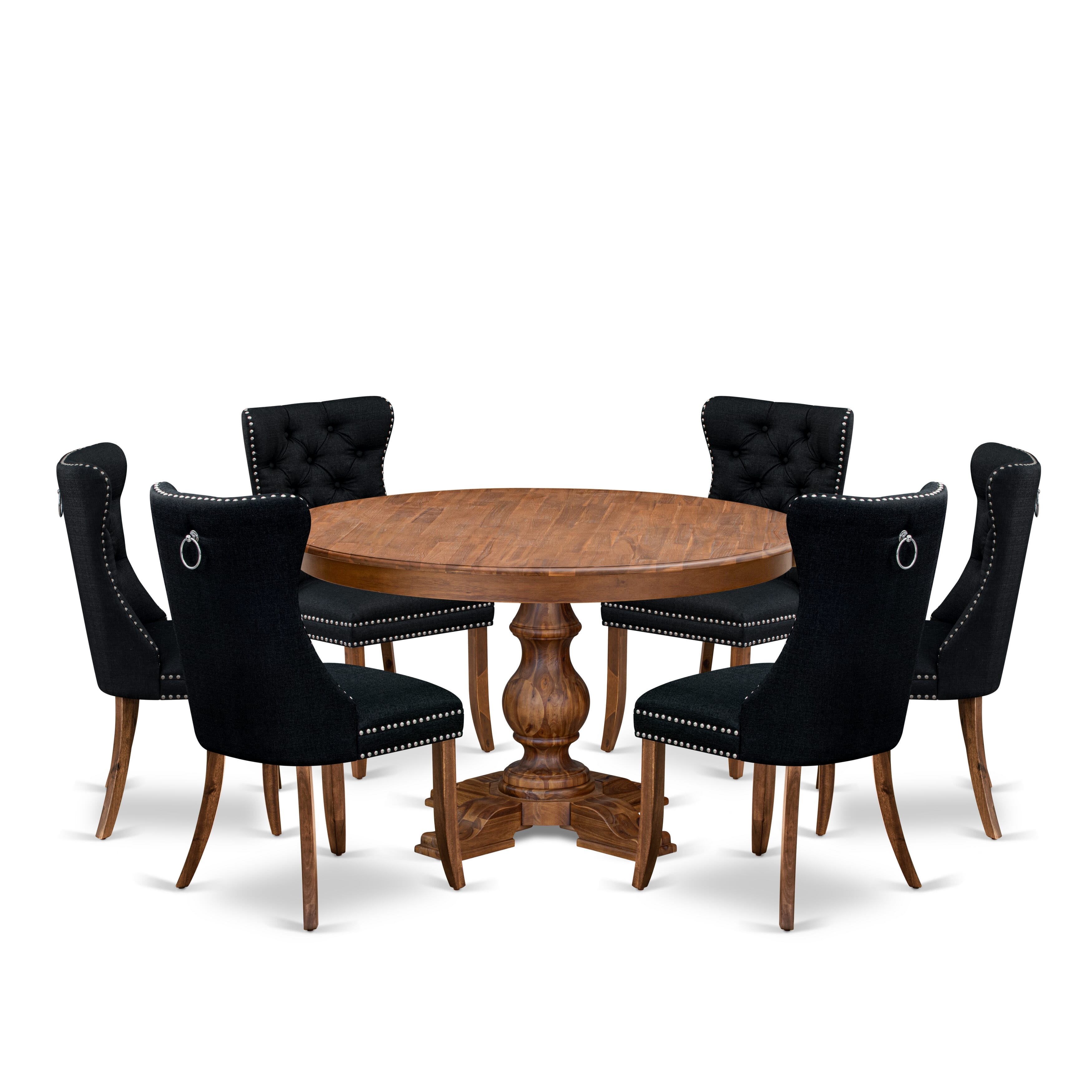 Luxe by East West Furniture F5DA7-50N-24 7-Piece Kitchen Set with Linen Fabric 6 Black upholstered dining chairs, Button-Tufted Backs, and a 54"Round Table in Antique Walnut Finish.