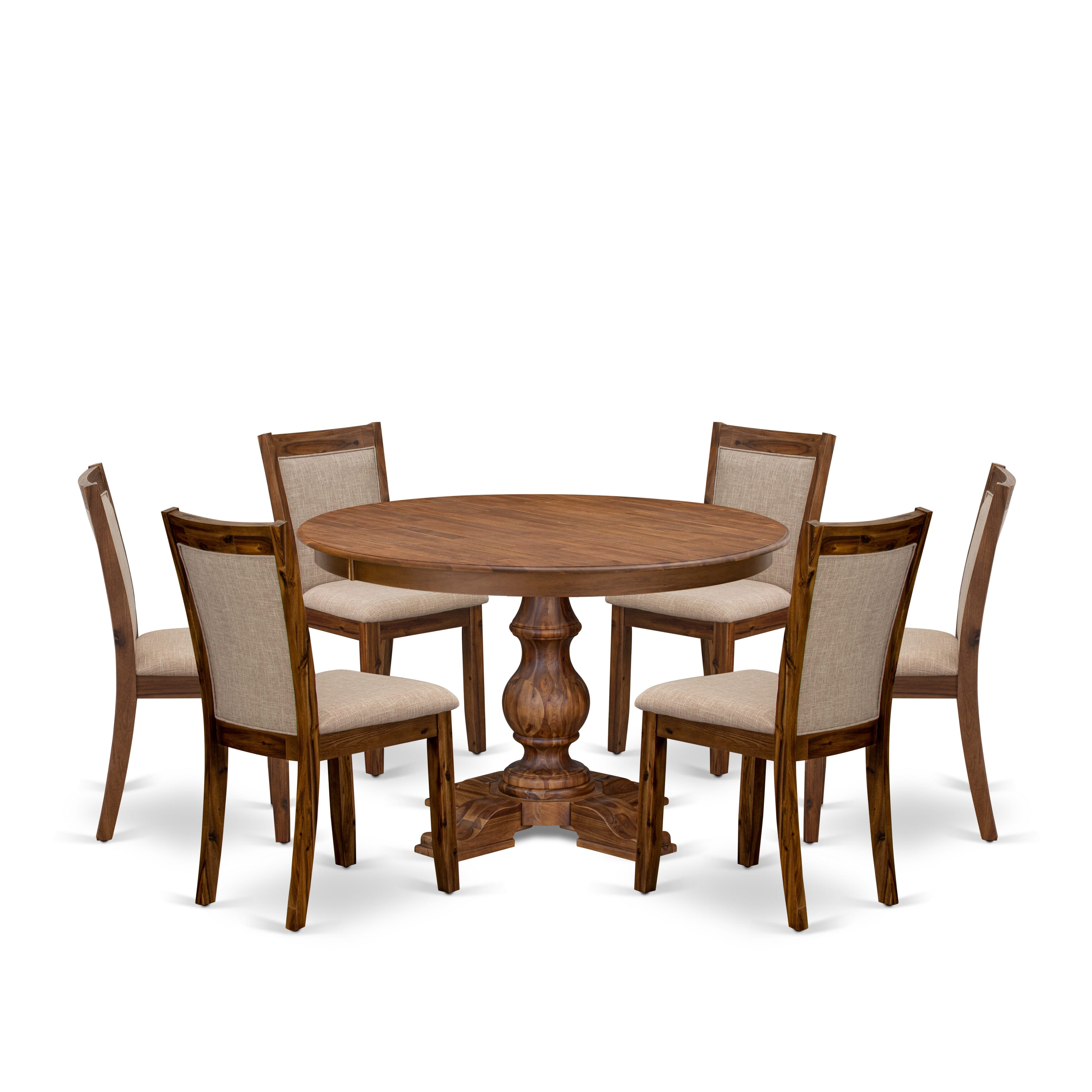 Luxe by East West Furniture F5MZ7-40N-04 7-Pc Dining Set consists of a Pedestal Dinner Table and 6 Light Tan Linen Fabric Padded Chairs with Padded Back- Antique Walnut Finish