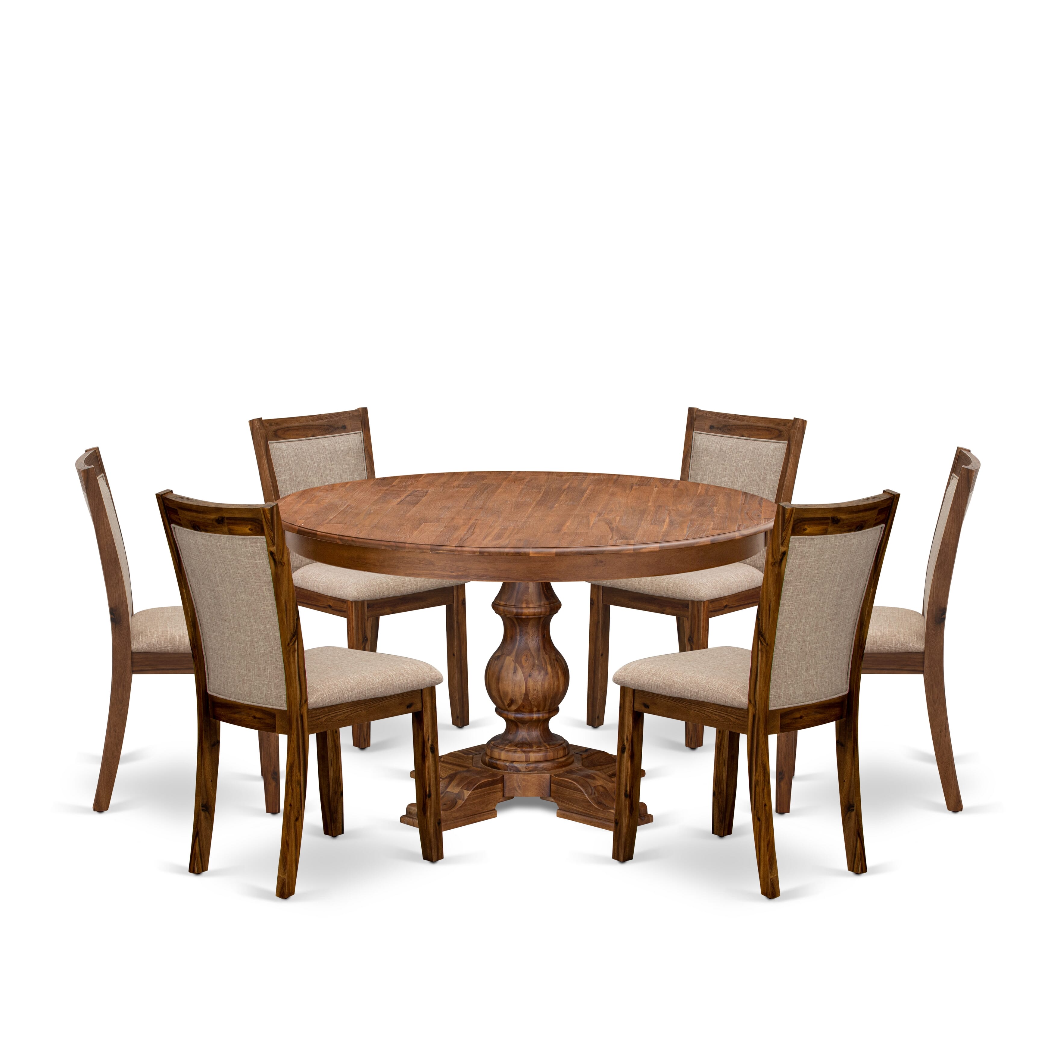 Luxe by East West Furniture F5MZ7-50N-04 7-Pc Kitchen Table Set Includes a Pedestal Breakfast Table and 6 Light Tan Linen Fabric Chairs with Padded Back - Antique Walnut