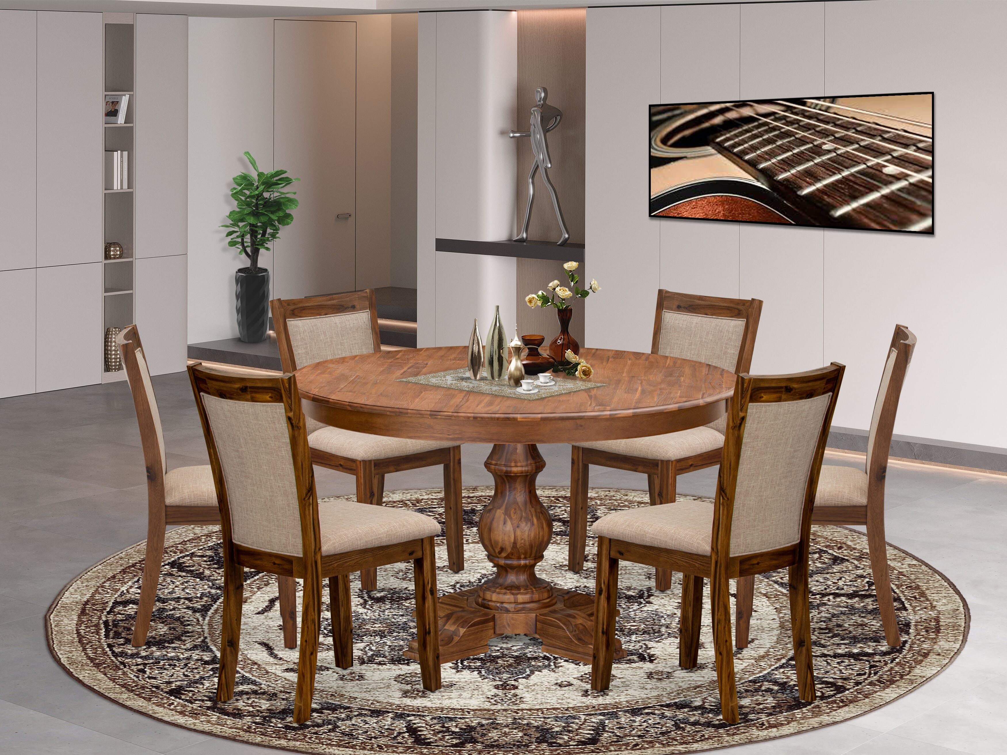 Luxe by East West Furniture F5MZ7-50N-04 7-Pc Kitchen Table Set Includes a Pedestal Breakfast Table and 6 Light Tan Linen Fabric Chairs with Padded Back - Antique Walnut
