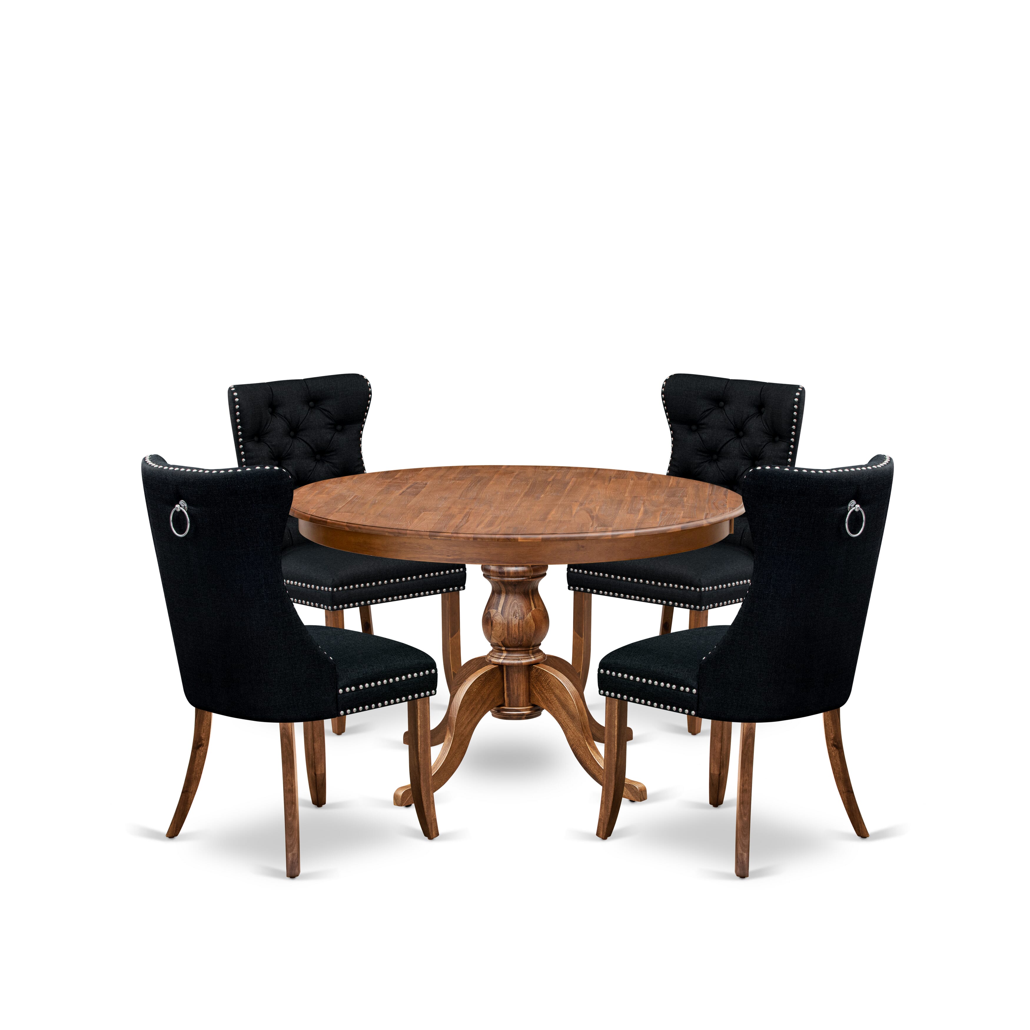 Luxe by East West Furniture F6DA5-40N-24 5-Piece Modern Dining Set with Linen Fabric 4 Black Parson Dining chairs, Button-Tufted Backs, and a 48"Round Table in Antique Walnut Finish.