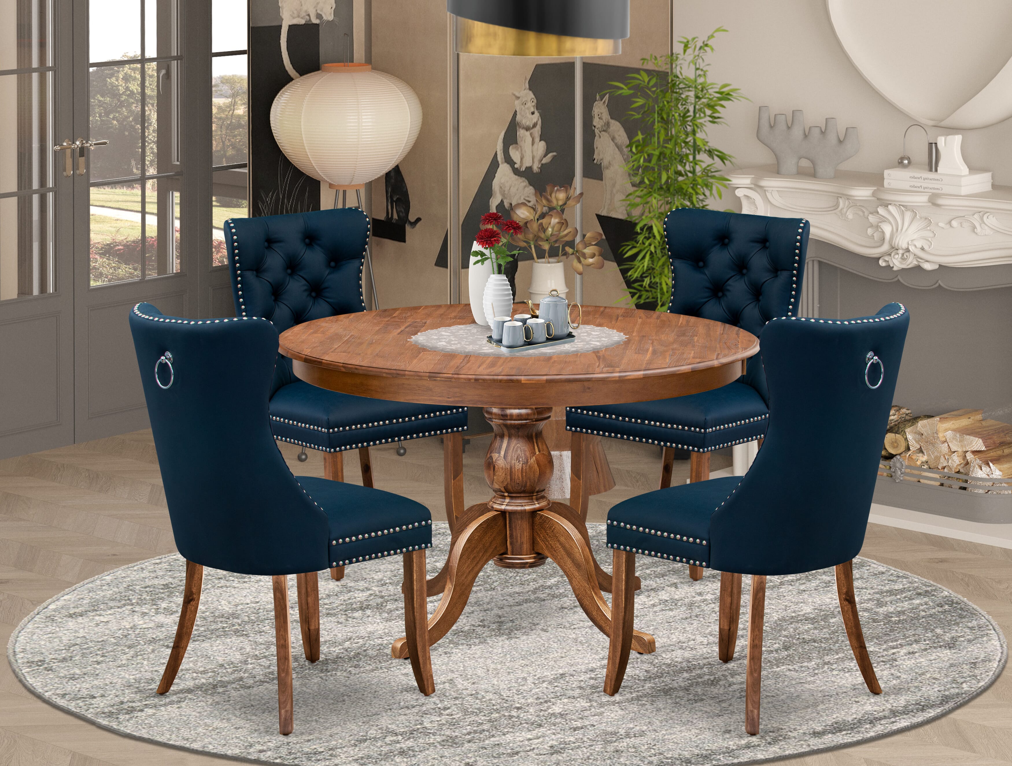 Luxe by East West Furniture F6DA5-40N-29 5-Piece Dining Set, including 4 navy blue faux leather kitchen chairs with button-tufted backs and a 48" round Dinner table in an antique walnut finish.
