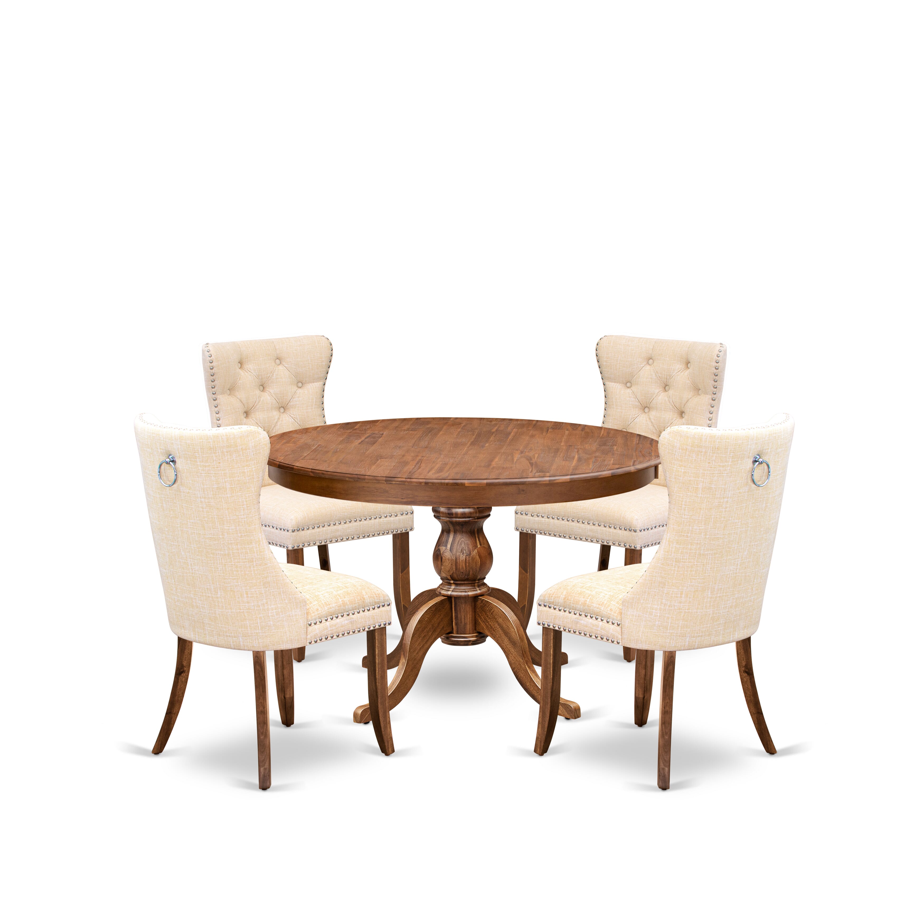 Luxe by East West Furniture F6DA5-40N-32 5-Piece Dining Table Set with Linen Fabric 4 Light Beige Dining chairs, Button-Tufted Backs, and a 48"Round Table in Antique Walnut Finish.