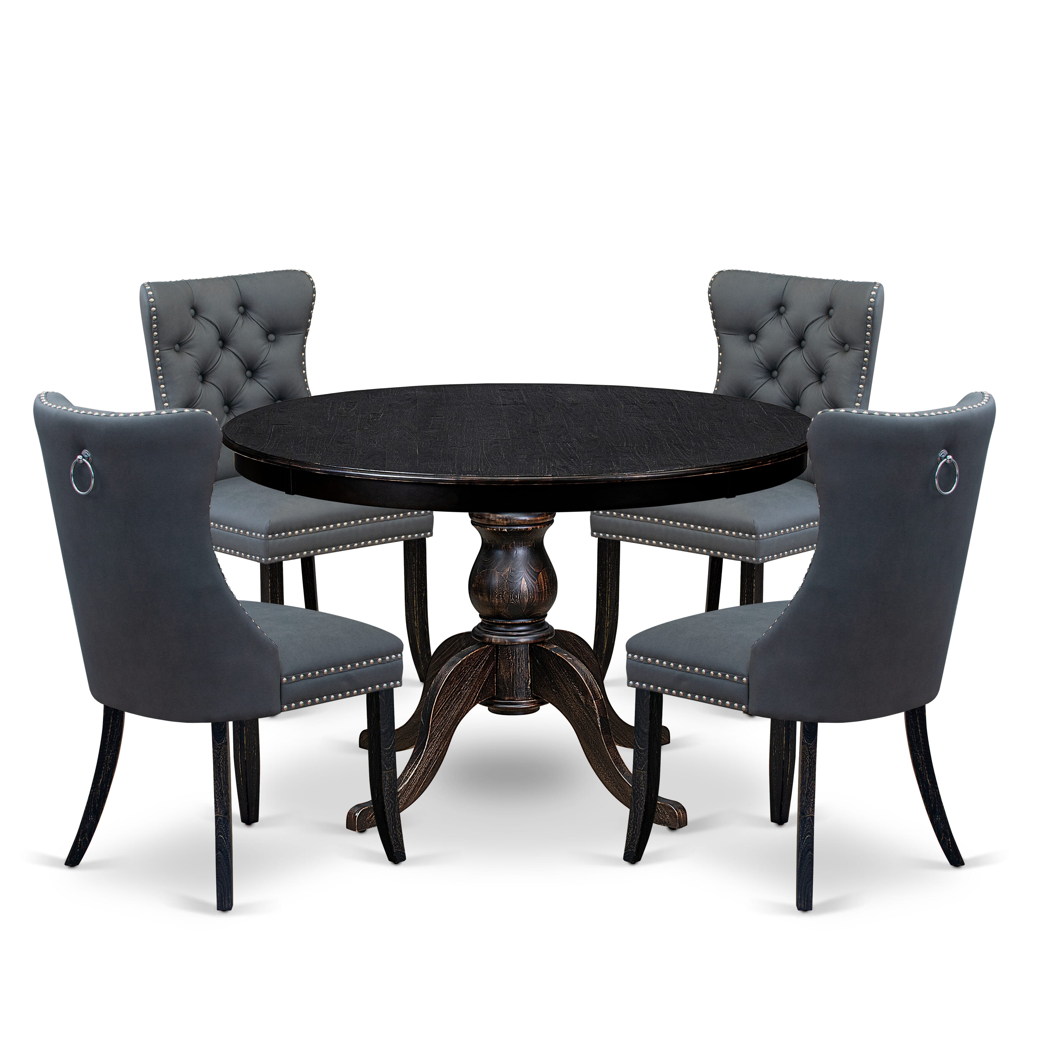 Luxe by East West Furniture F6DA5-411-13 5-piece Dining Table Set with Faux Leather 4 Platinum Gray padded kitchen chairs, Button-Tufted Backs, and a 48"Round Table in Sand Blasted Black Finish.