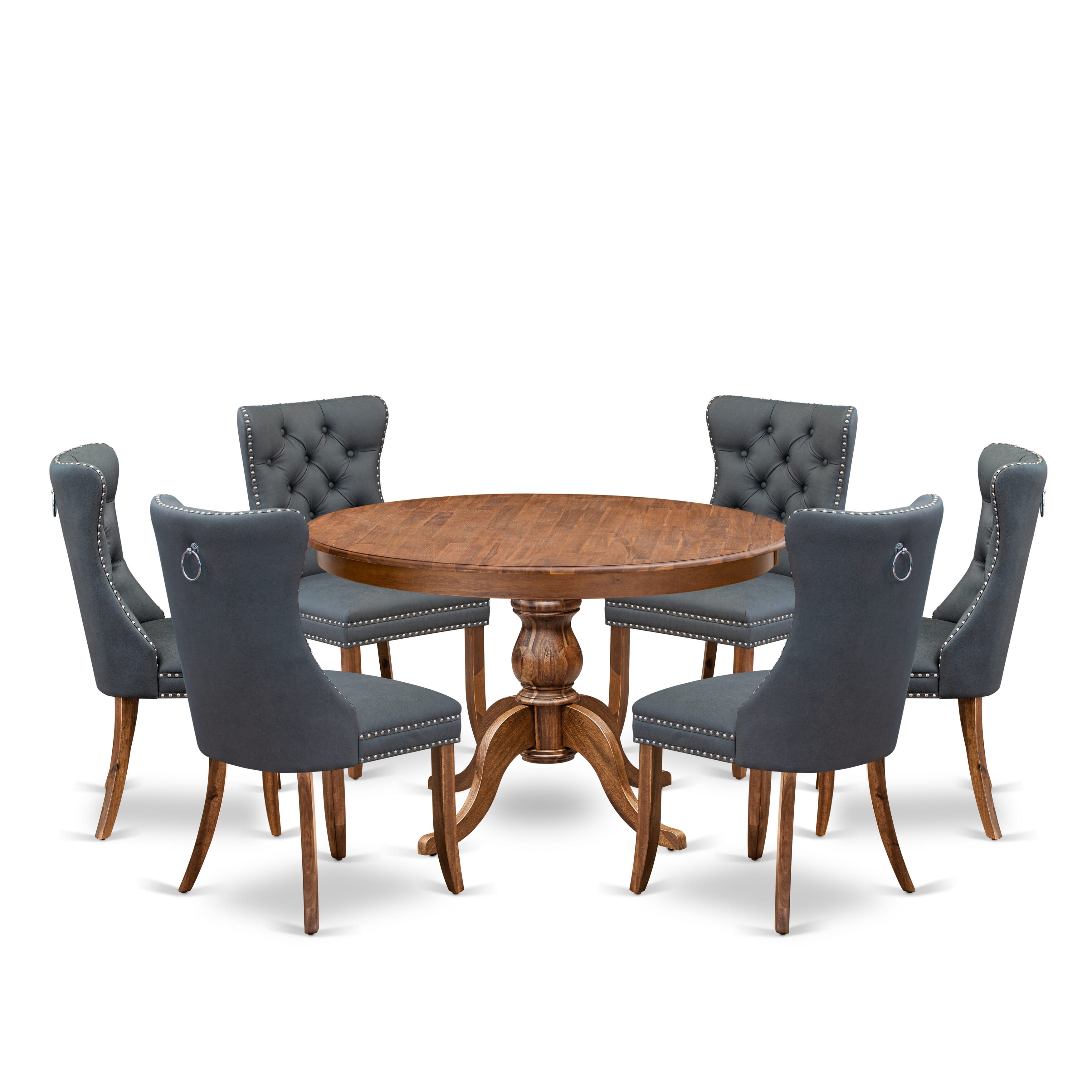 Luxe by East West Furniture F6DA7-40N-13 7-piece Dining table set included a Kitchen Table and 6 Platinum Gray Faux Leather Dining Room Chairs with Button Tufted Back - Antique Walnut Finish