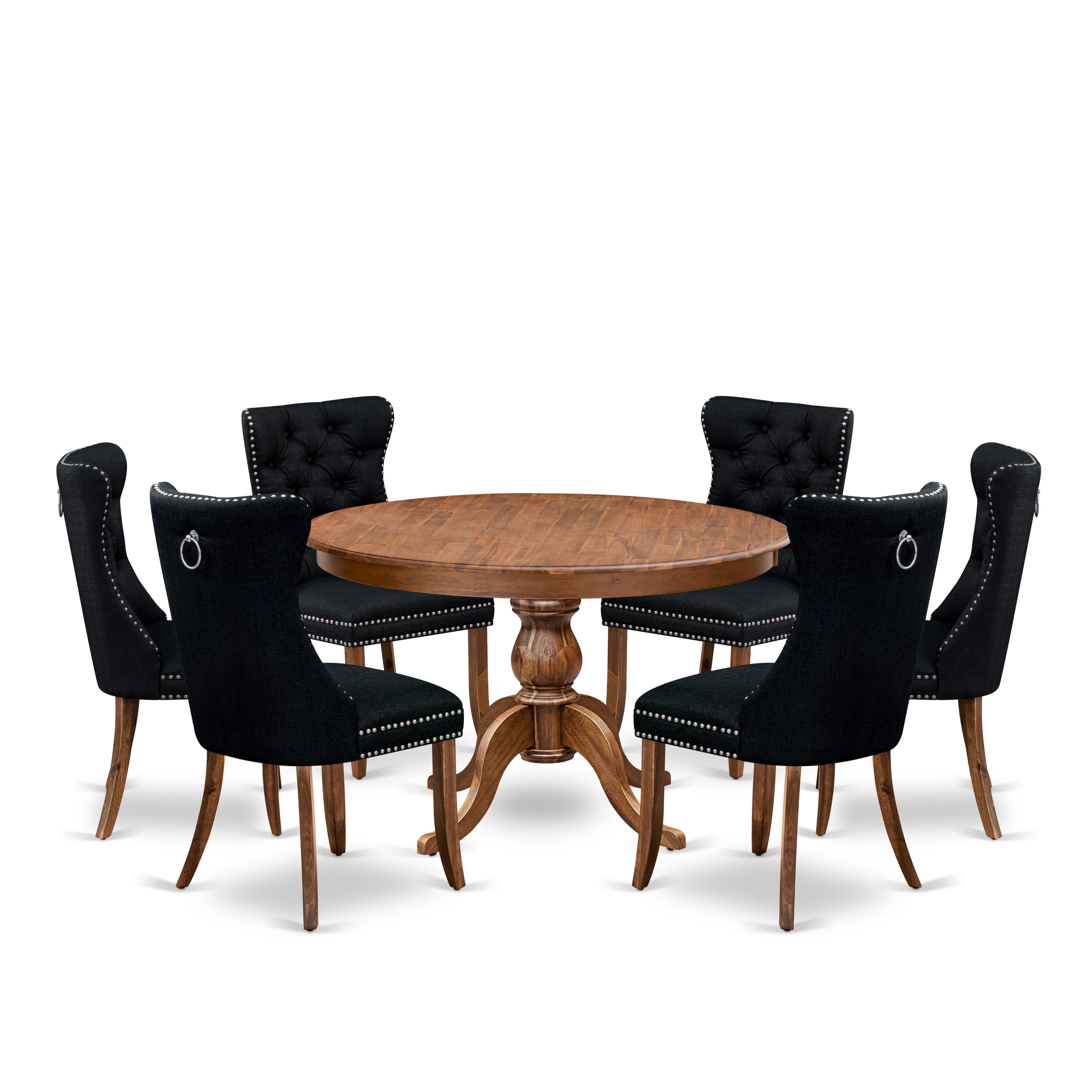 Luxe by East West Furniture F6DA7-40N-24 7-Piece Dining Set with Linen Fabric 6 Black Dining chairs, Button-Tufted Backs, and a 48"Round Dinner Table in Antique Walnut Finish.