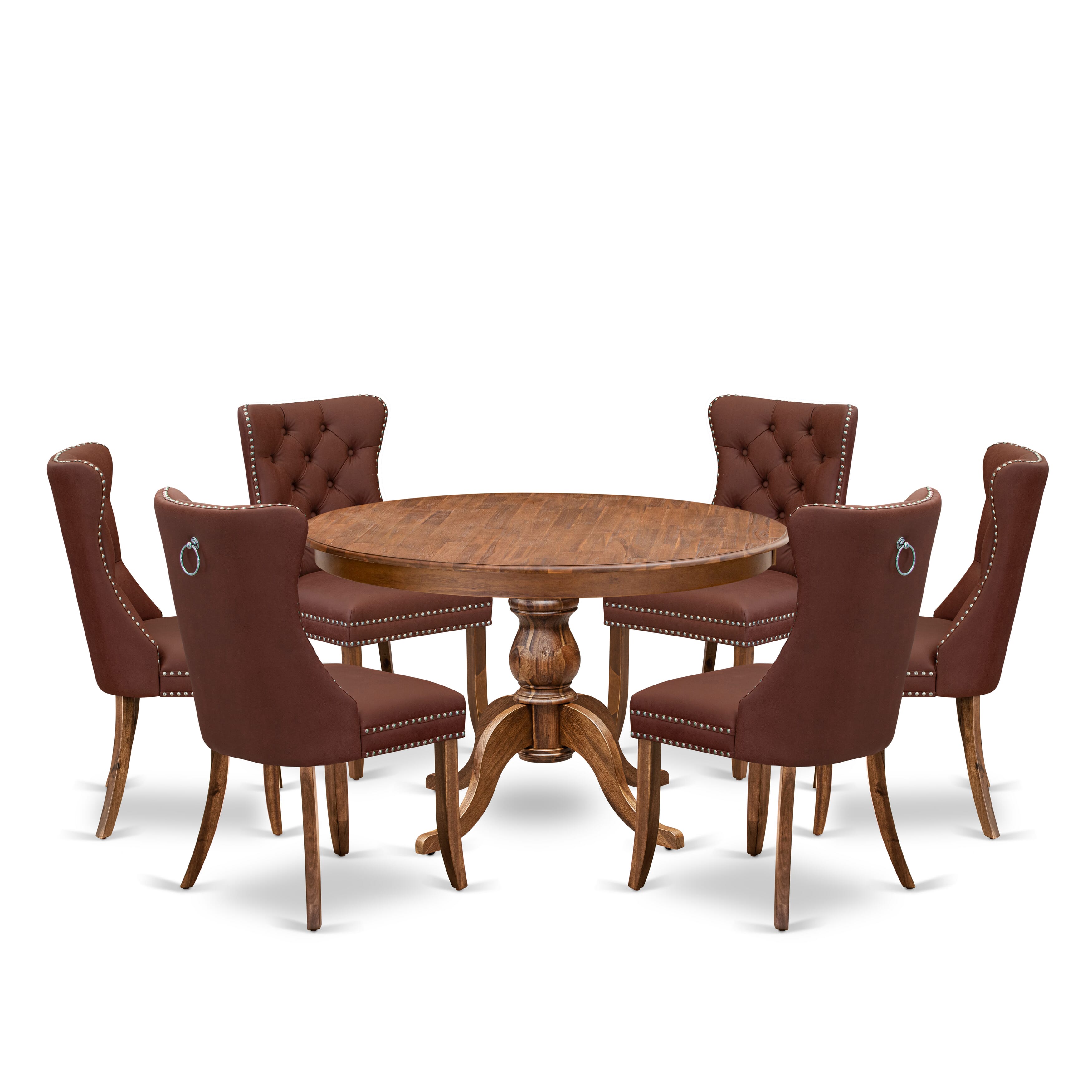 Luxe by East West Furniture F6DA7-40N-26 7-Pc Dining Room Set Contain a Dining Table and 6 Burgundy Faux Leather Parsons Chairs with Button-Tufted Back, Antique Walnut