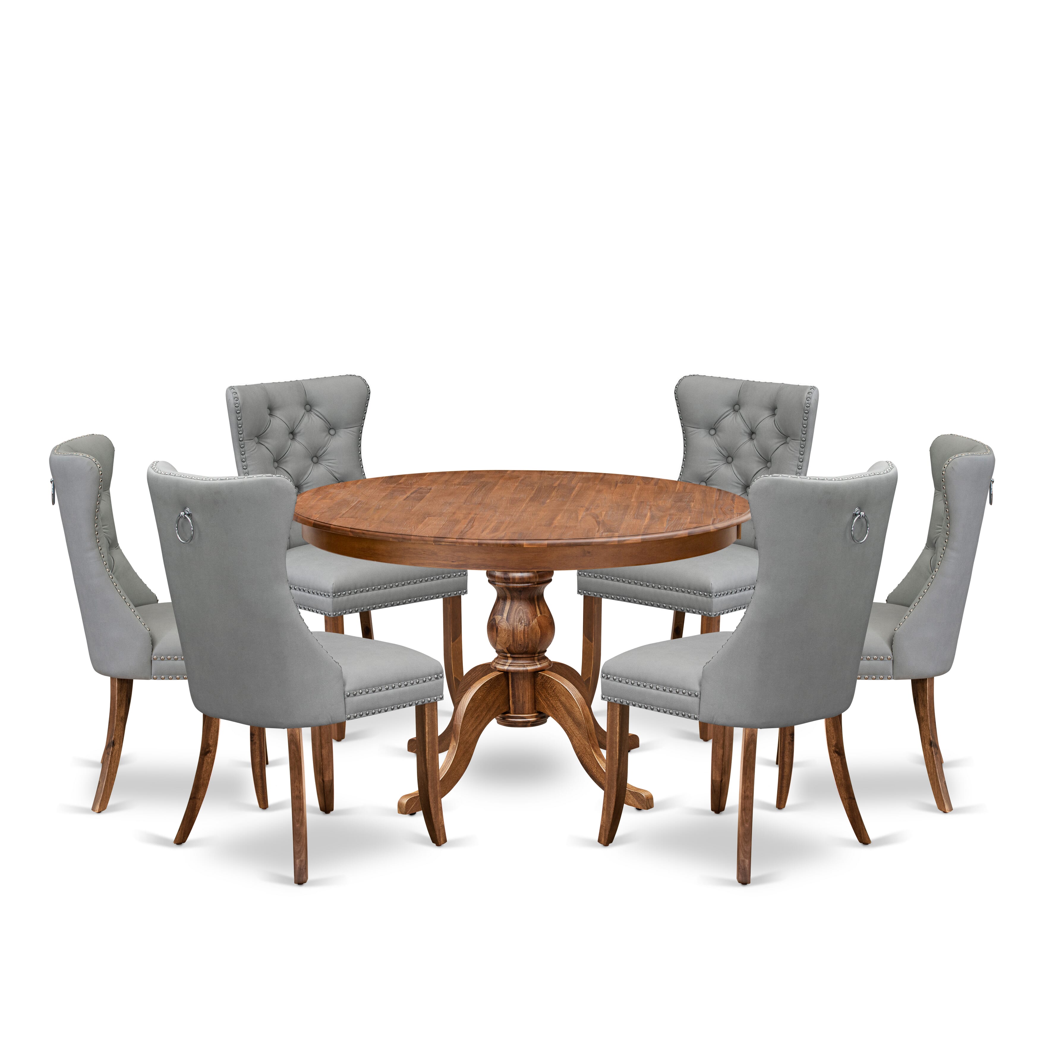 Luxe by East West Furniture F6DA7-40N-27 7-Pc Mid Century Dining Set Contain a Table and 6 Light Gray Faux Leather Upholstered Chairs with Button-Tufted Back, Antique Walnut