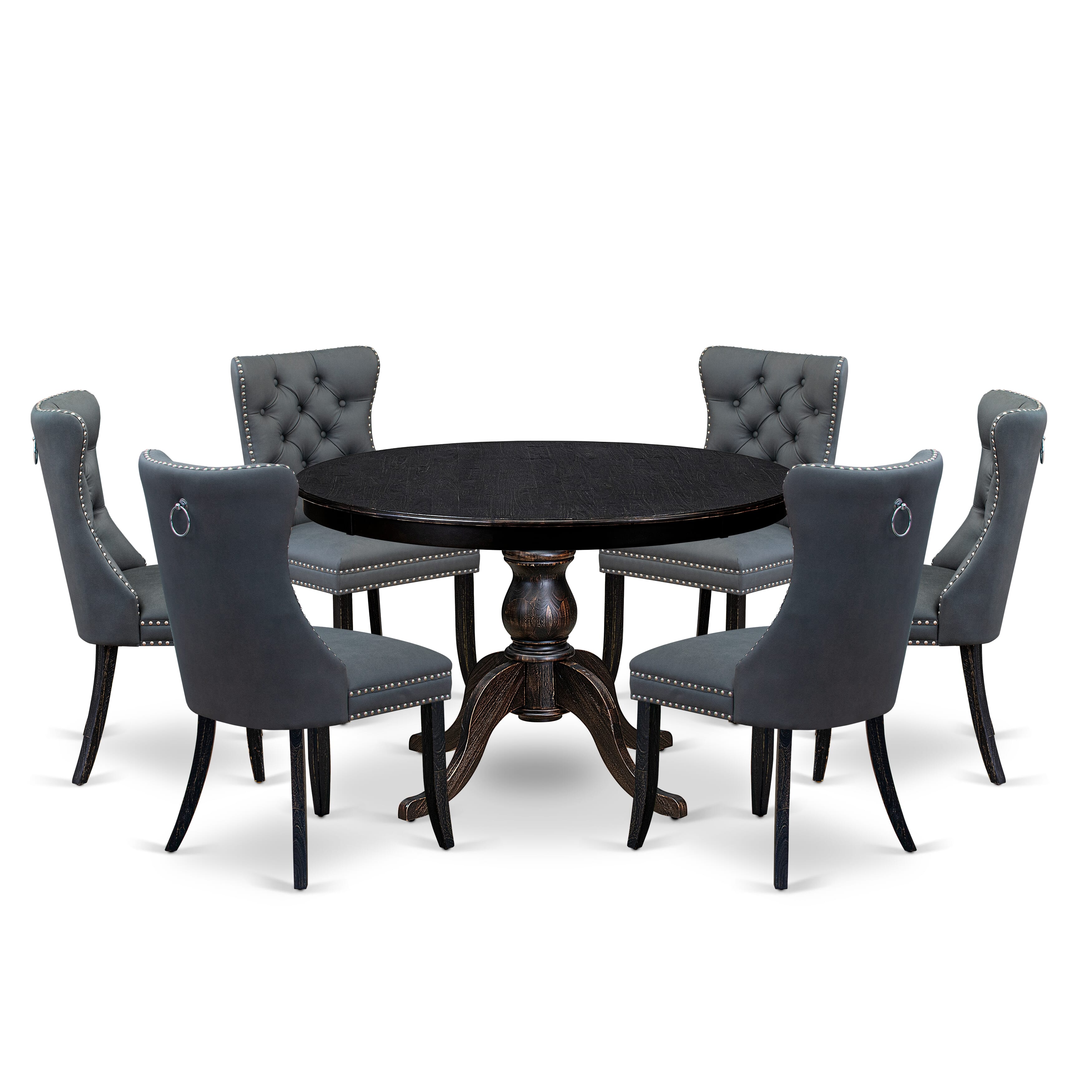 Luxe by East West Furniture F6DA7-411-13 7-piece Dining Room Set with Faux Leather 6 Platinum Gray dining chairs, Button-Tufted Backs, and a 48"Round Dinner Table in Sand Blasted Black Finish.