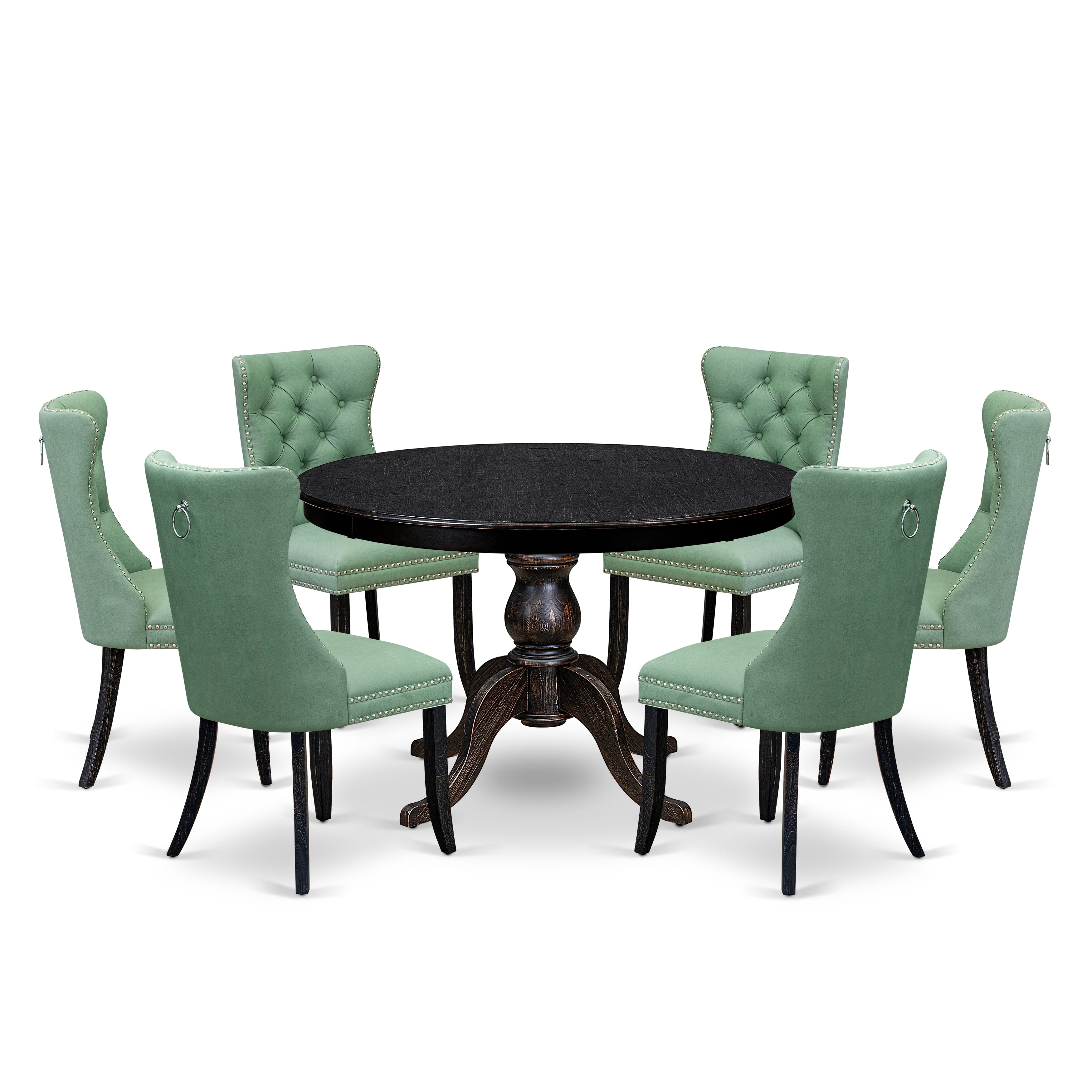 Luxe by East West Furniture F6DA7-411-22 7 Piece Dinette Set Consists of a 48" Round Table with Pedestal and 6 Willow Green Faux Leather Dining Chairs, Sand Blasted Black