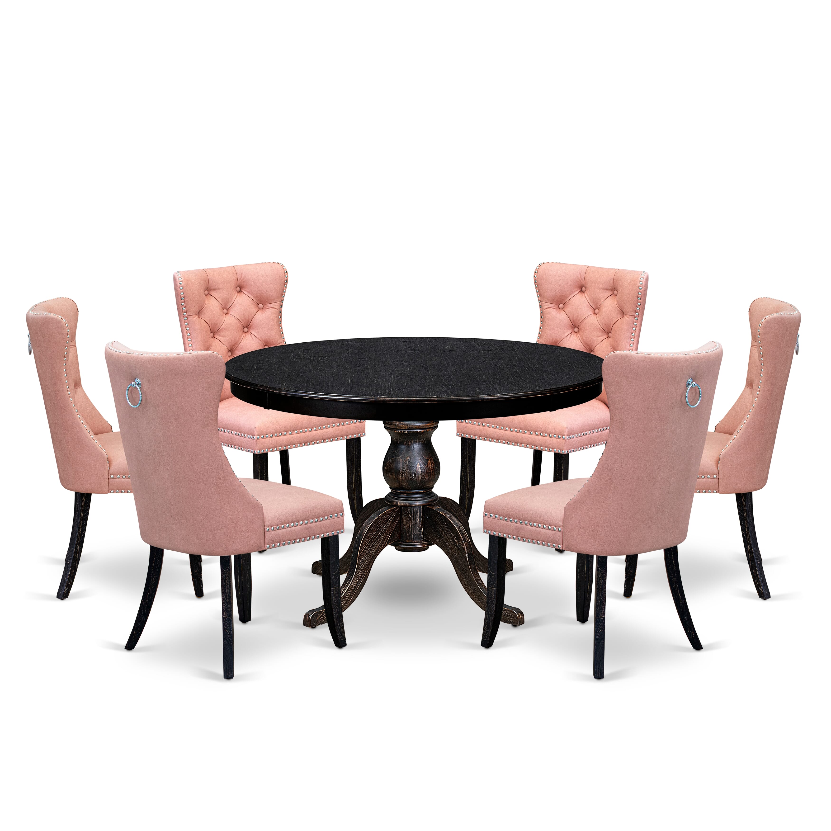 Luxe by East West Furniture F6DA7-411-23 7 Piece Dining Set Contains a 48" Round Kitchen Table with Pedestal and 6 Beige Red Faux Leather Parson Chairs, Sand Blasted Black
