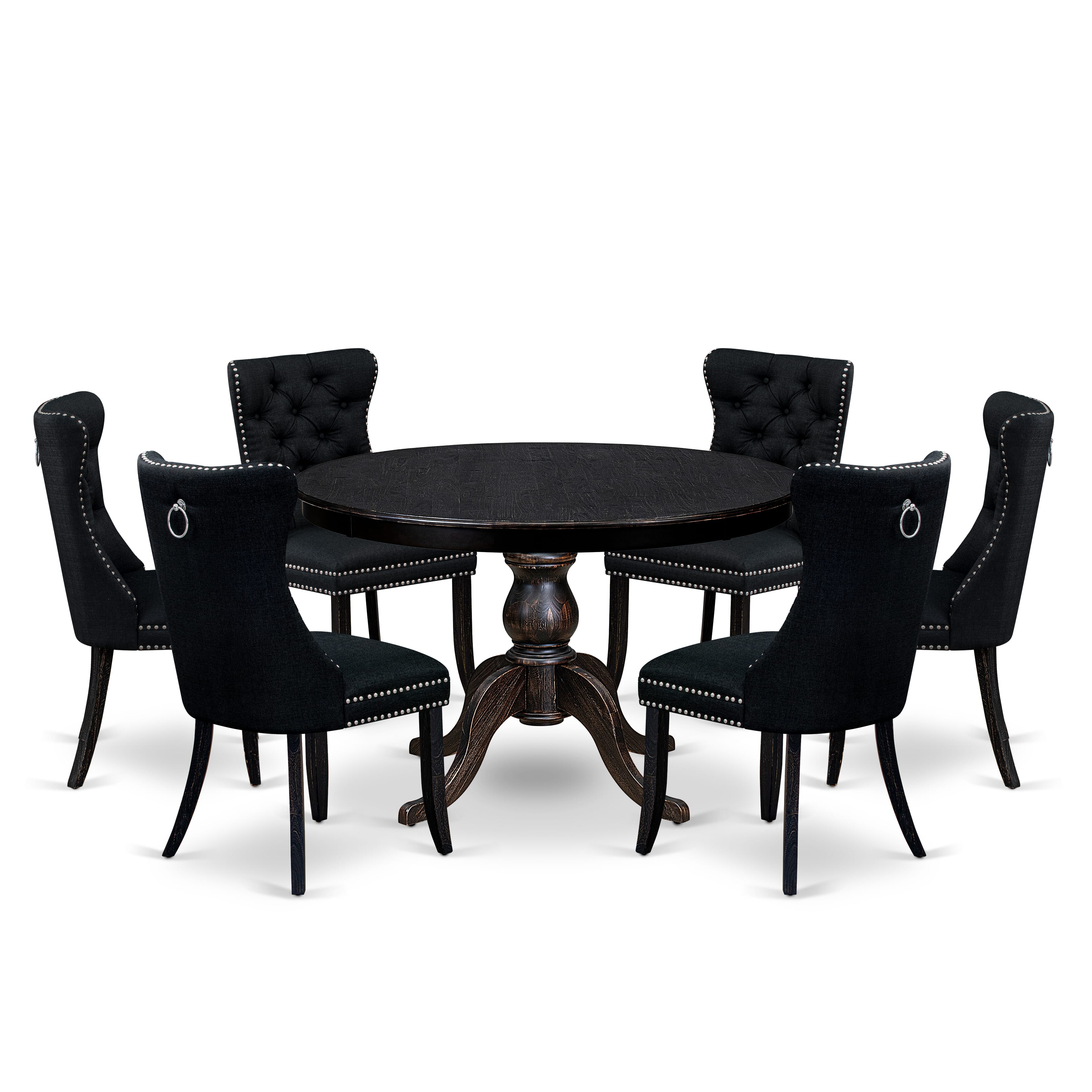 Luxe by East West Furniture F6DA7-411-24 7 Piece Kitchen Table Set Consists of a 48" Round Table with Pedestal and 6 Black Linen Fabric Upholstered Chairs, Sand Blasted Black