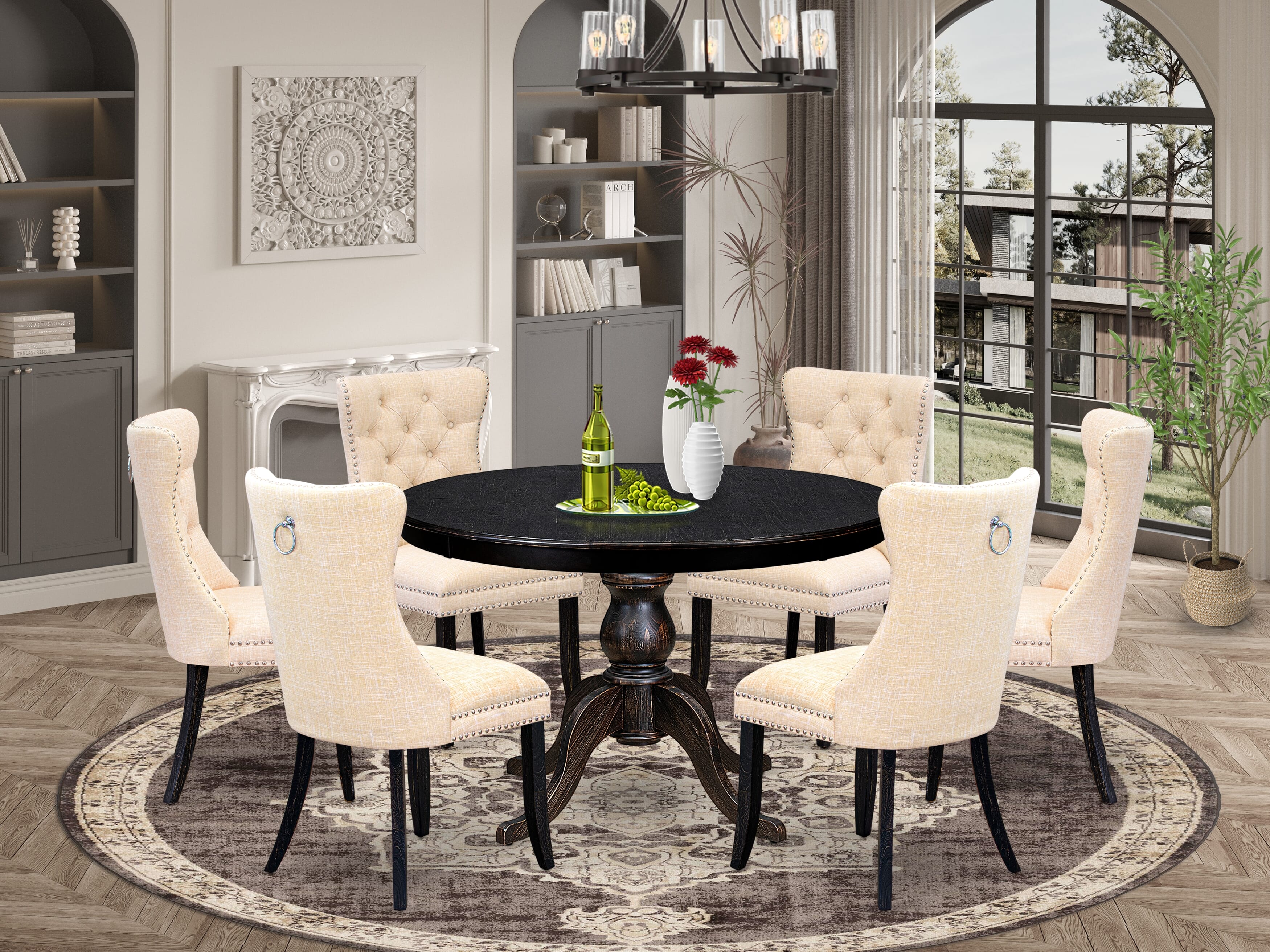 Luxe by East West Furniture F6DA7-411-32 7-piece Dining Set included a dining table and 6 Light Beige Linen Fabric parsons chairs with Button Tufted Back - Sand Blasted Black