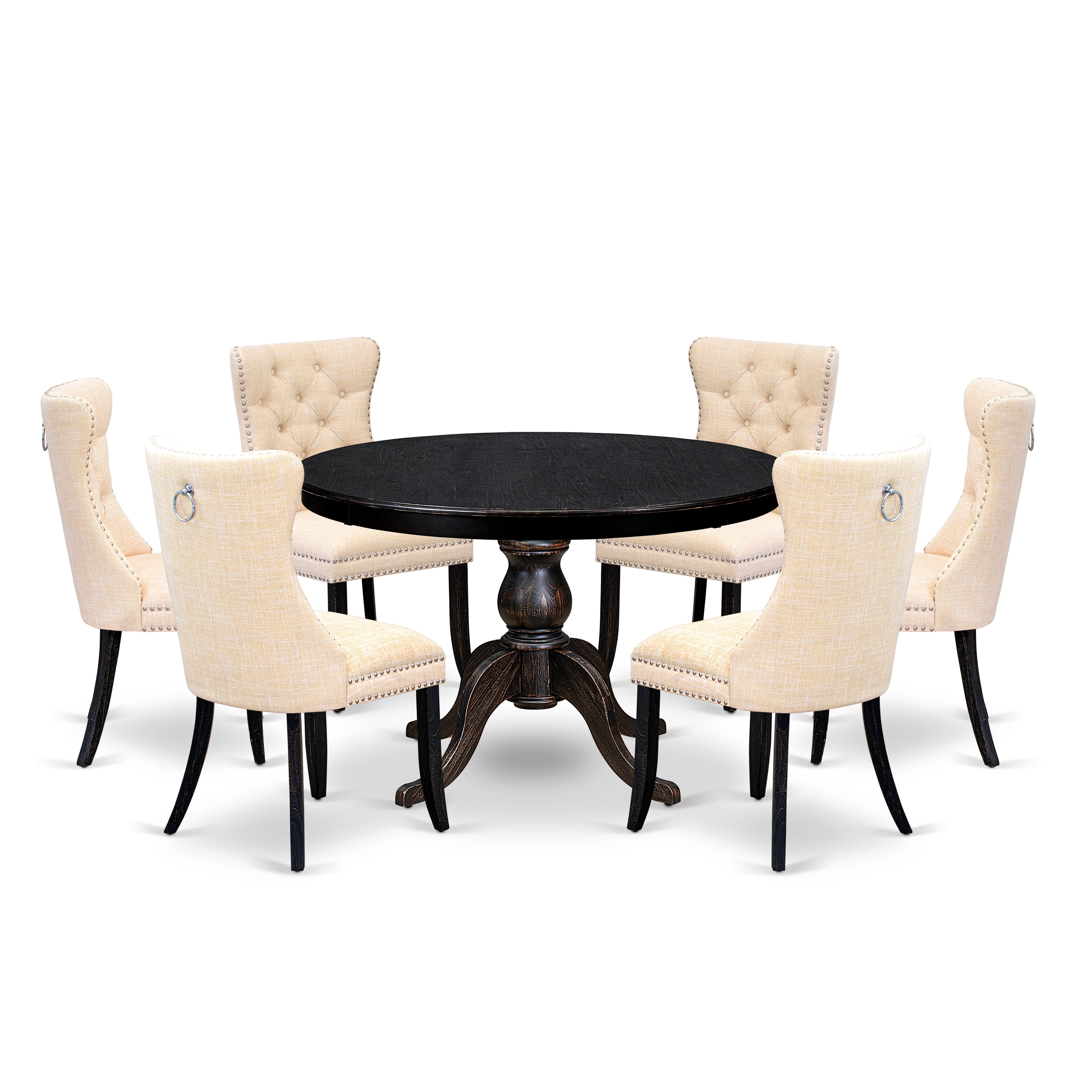 Luxe by East West Furniture F6DA7-411-32 7-piece Dining Set included a dining table and 6 Light Beige Linen Fabric parsons chairs with Button Tufted Back - Sand Blasted Black