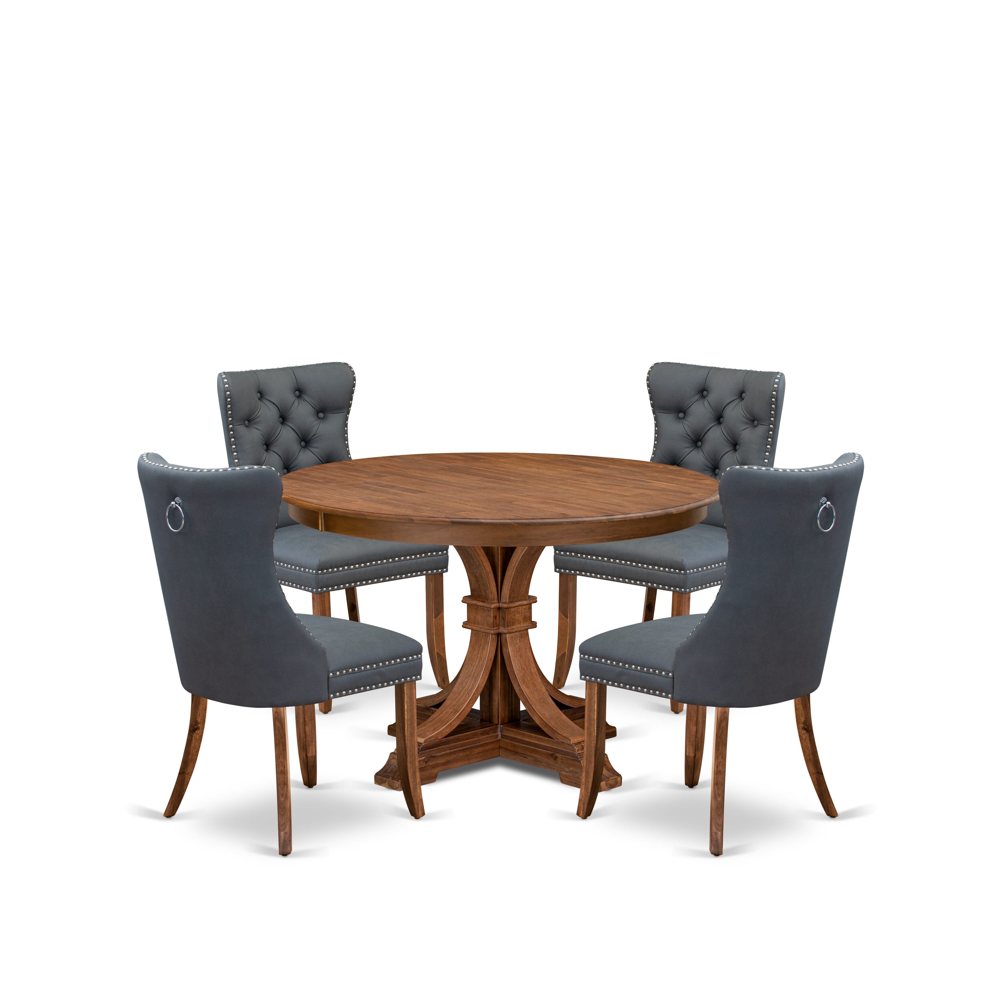 Luxe by East West Furniture F7DA5-40N-13 5-piece Dining table set consists of a Mid-century Dining Table and 4 Platinum Gray Faux Leather Kitchen Chairs with Button Tufted Back - Antique Walnut Finish