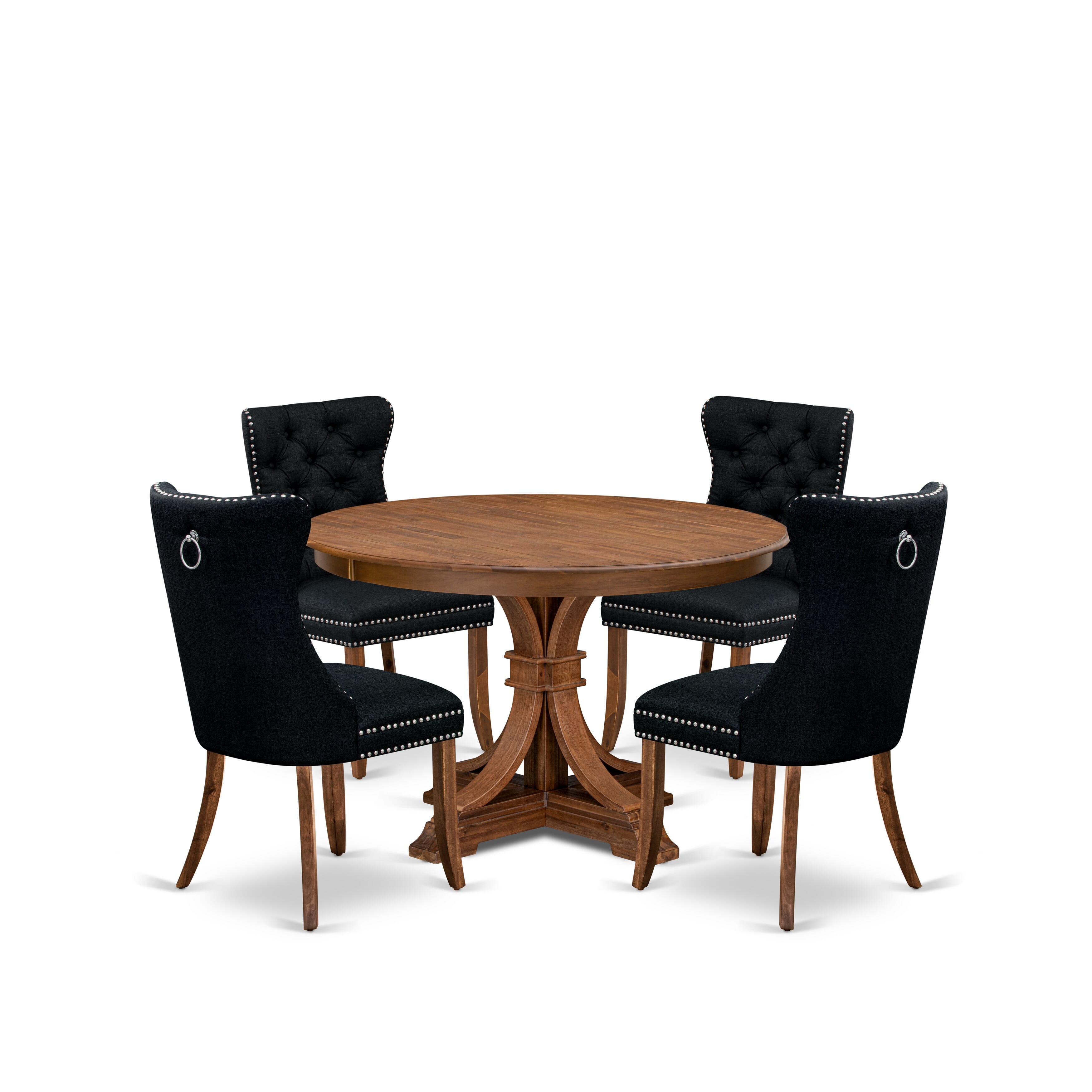 Luxe by East West Furniture F7DA5-40N-24 5-Piece Dining Room Set with Linen Fabric 4 Black upholstered kitchen chairs, Button-Tufted Backs, and a 48"Round Table in Antique Walnut Finish.