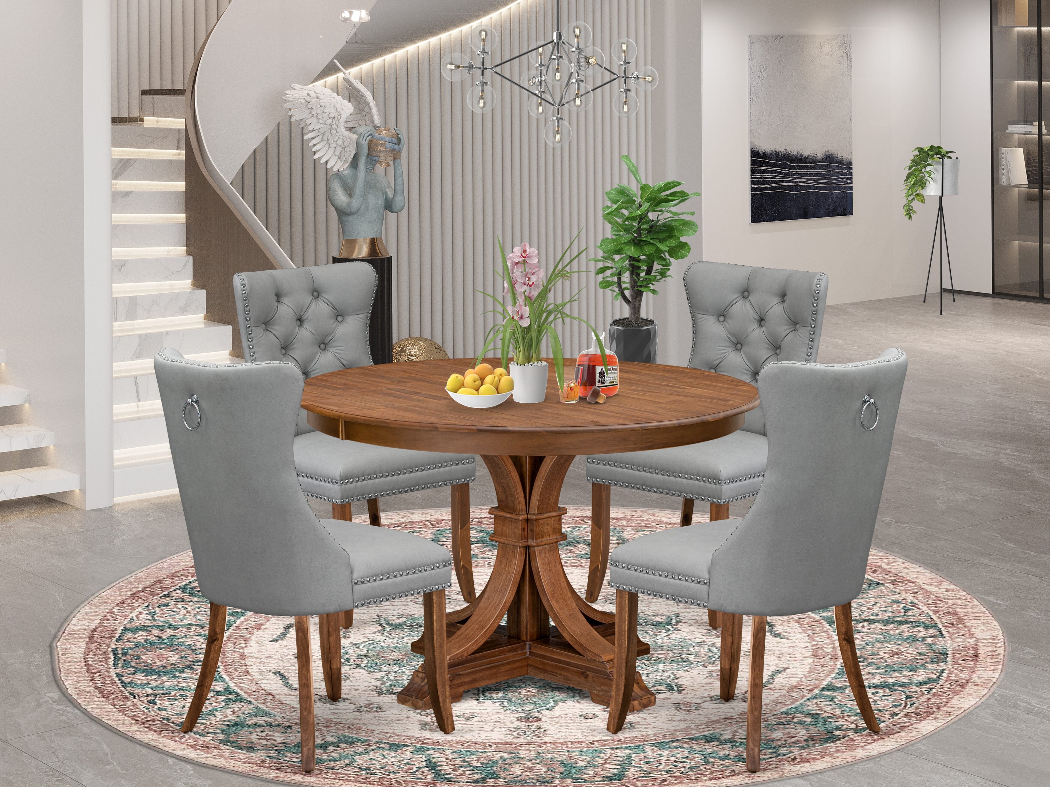 Luxe by East West Furniture F7DA5-40N-27 5-Pc Mid Century Dining Set Includes a Wooden Table and 4 Light Gray Faux Leather Parson Chairs with Button-Tufted Back, Antique Walnut