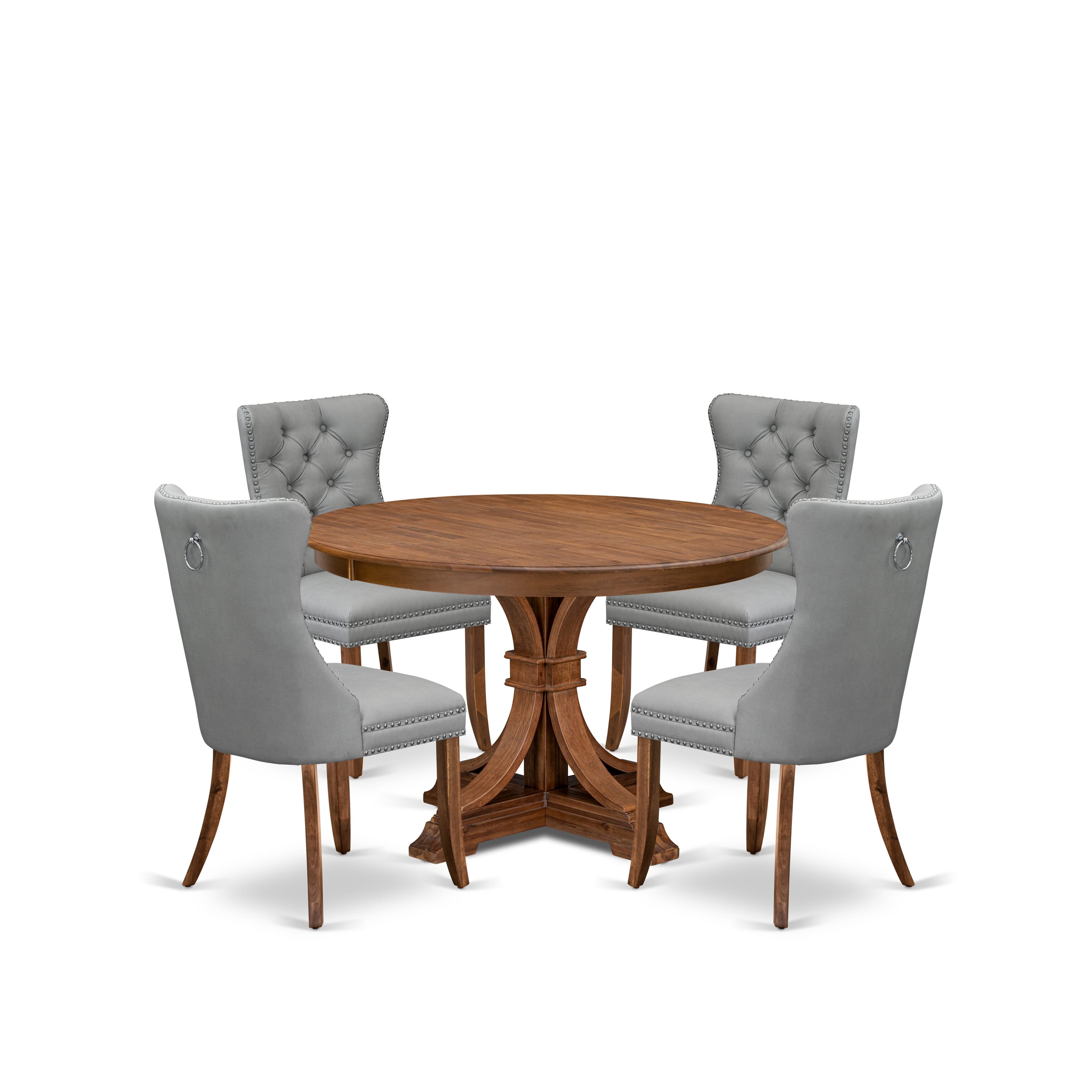 Luxe by East West Furniture F7DA5-40N-27 5-Pc Mid Century Dining Set Includes a Wooden Table and 4 Light Gray Faux Leather Parson Chairs with Button-Tufted Back, Antique Walnut