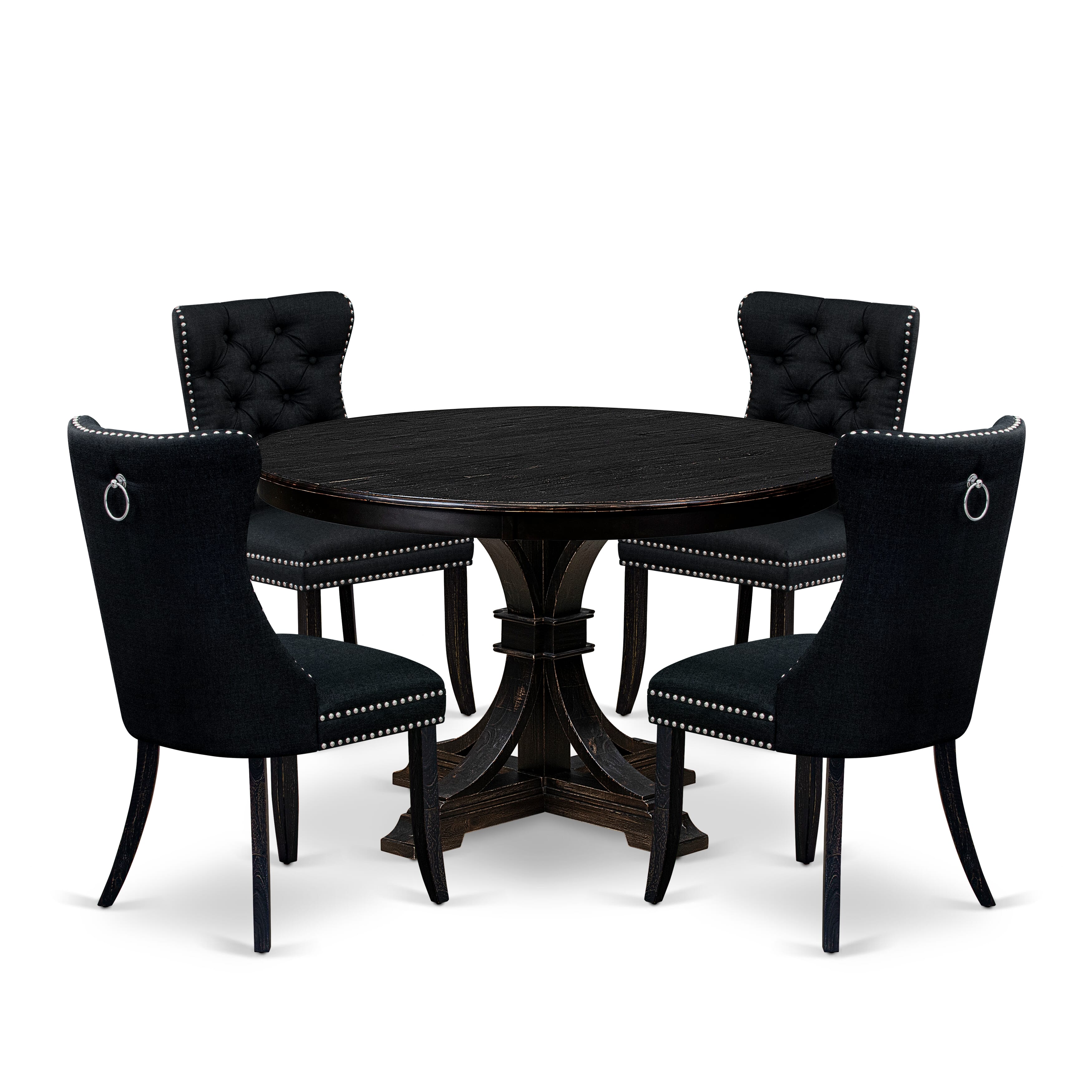 Luxe by East West Furniture F7DA5-411-24 5 Piece Dining Room Set for 4 Contains a 48" Round Table with Pedestal and 4 Black Linen Fabric Parson Chairs, Sand Blasted Black