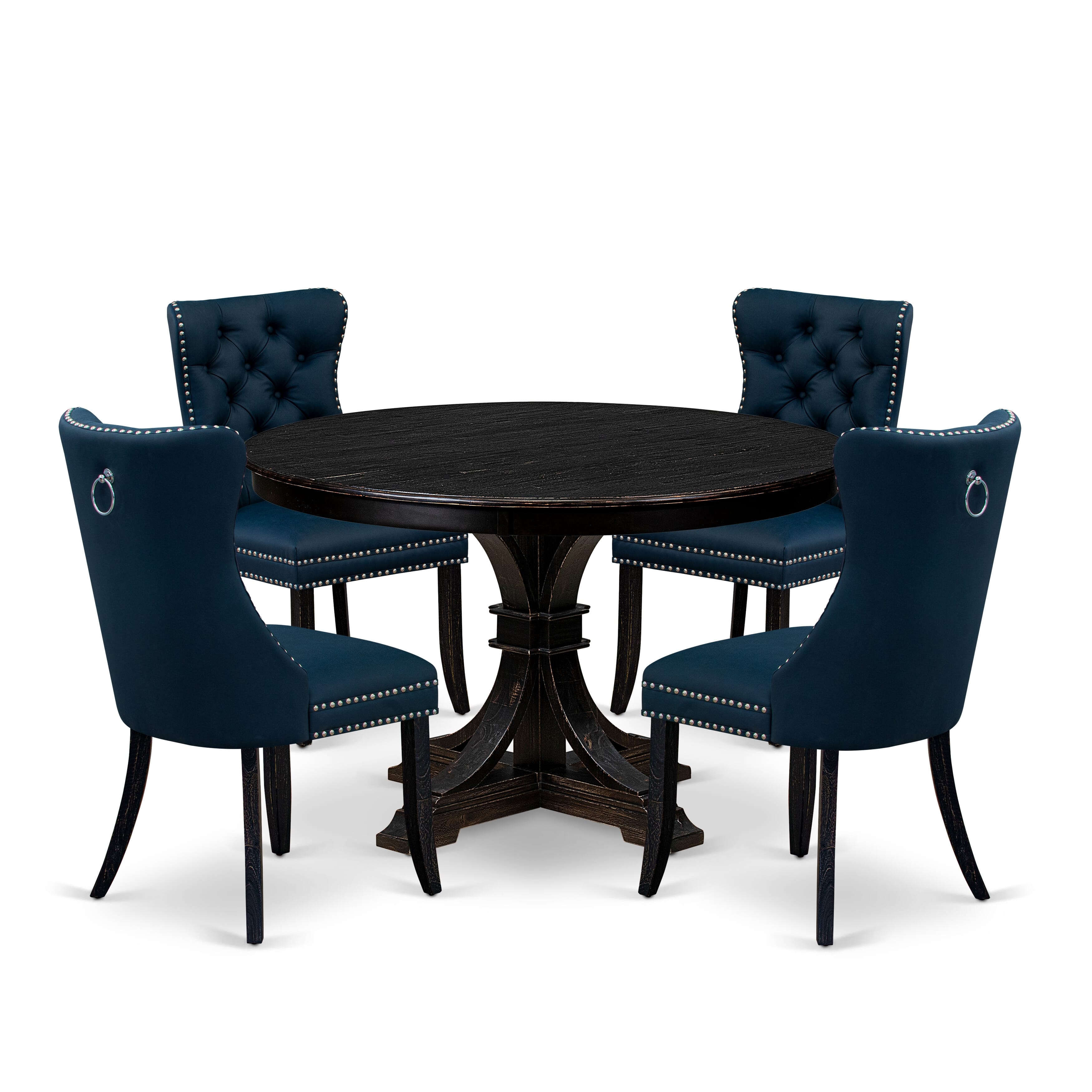 Luxe by East West Furniture F7DA5-411-29 5 Piece Dining Table Set Contains a 48" Round Table with Pedestal and 4 Navy Blue Faux Leather Upholstered Chairs, Sand Blasted Black
