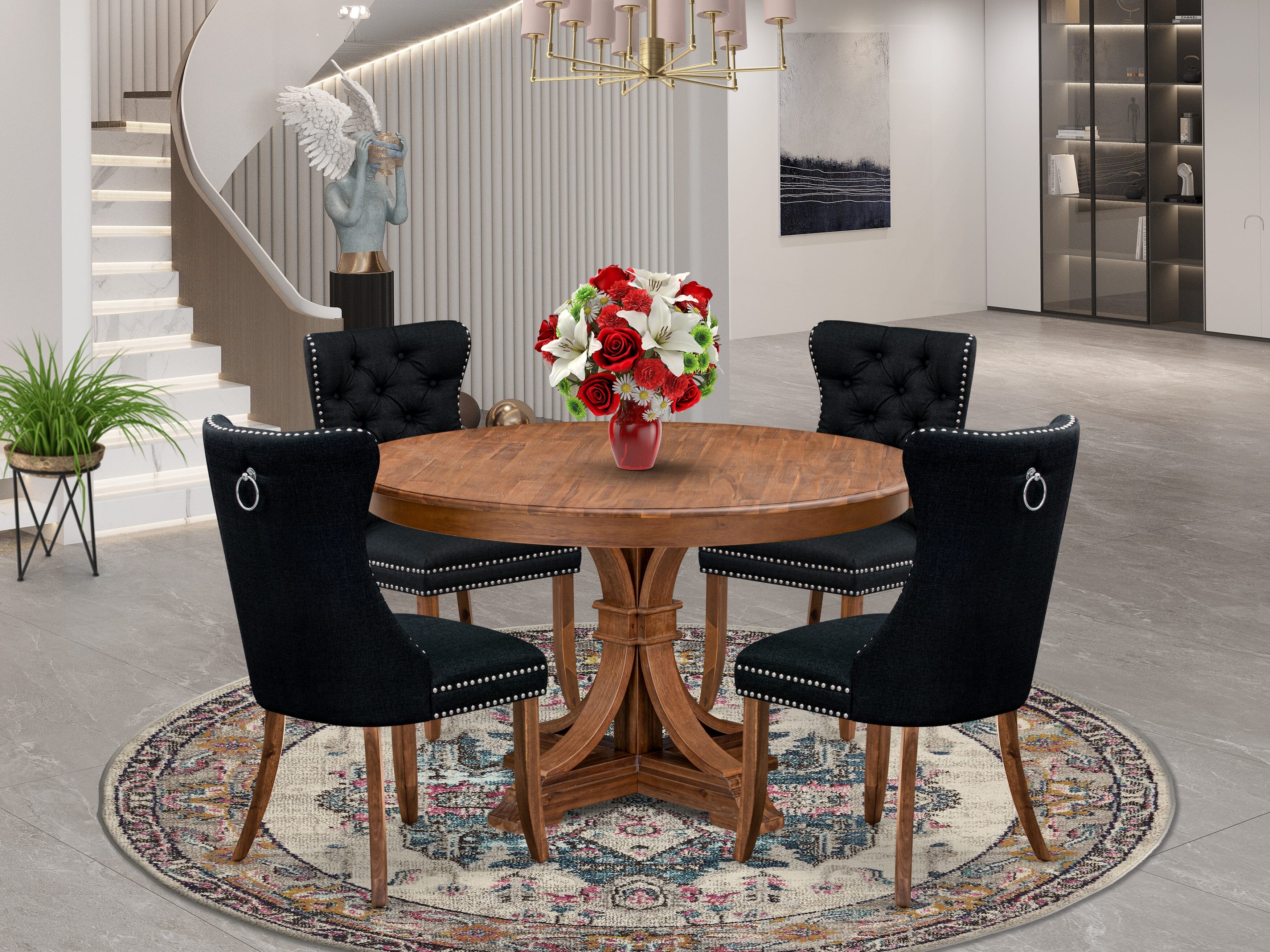 Luxe by East West Furniture F7DA5-50N-24 5-Piece Modern Dining Table Set with Linen Fabric 4 Black kitchen chairs, Button-Tufted Backs, and a 54"Round Table in Antique Walnut Finish.
