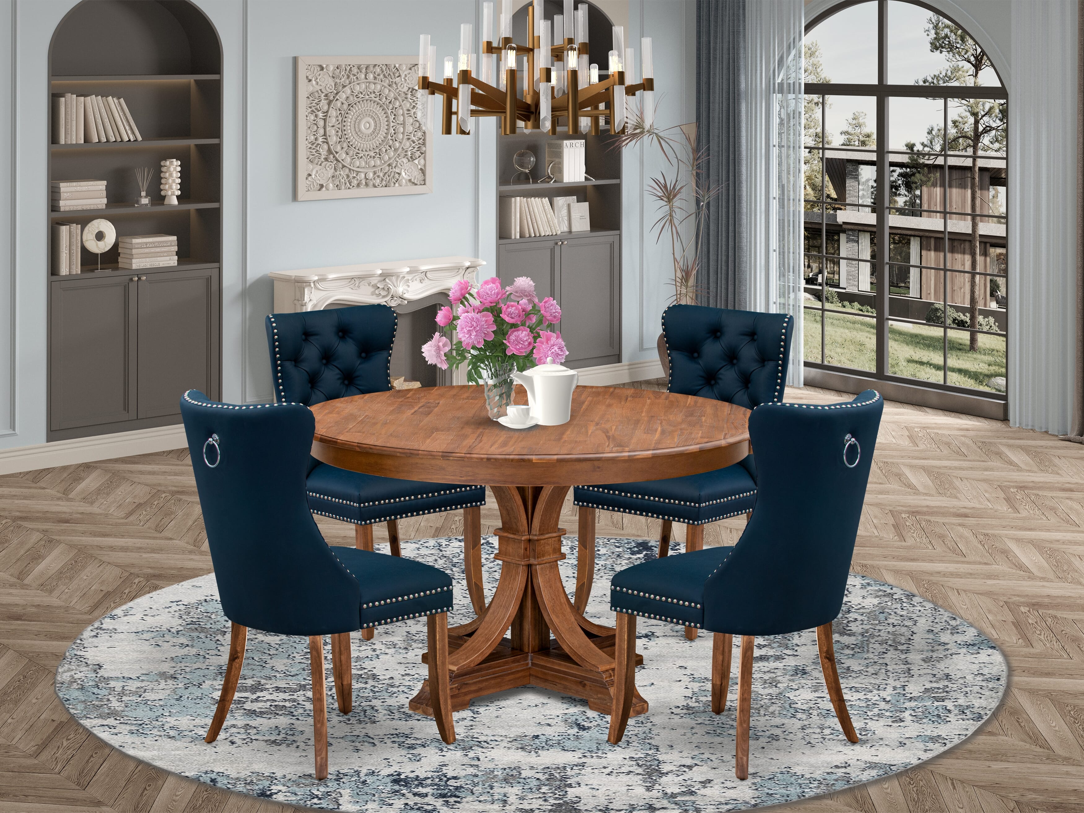 Luxe by East West Furniture F7DA5-50N-29 5-Pc Dining Set Consist a Kitchen Table and 4 Navy Blue Faux Leather Upholstered Dining Chairs with Button-Tufted Back, Antique Walnut