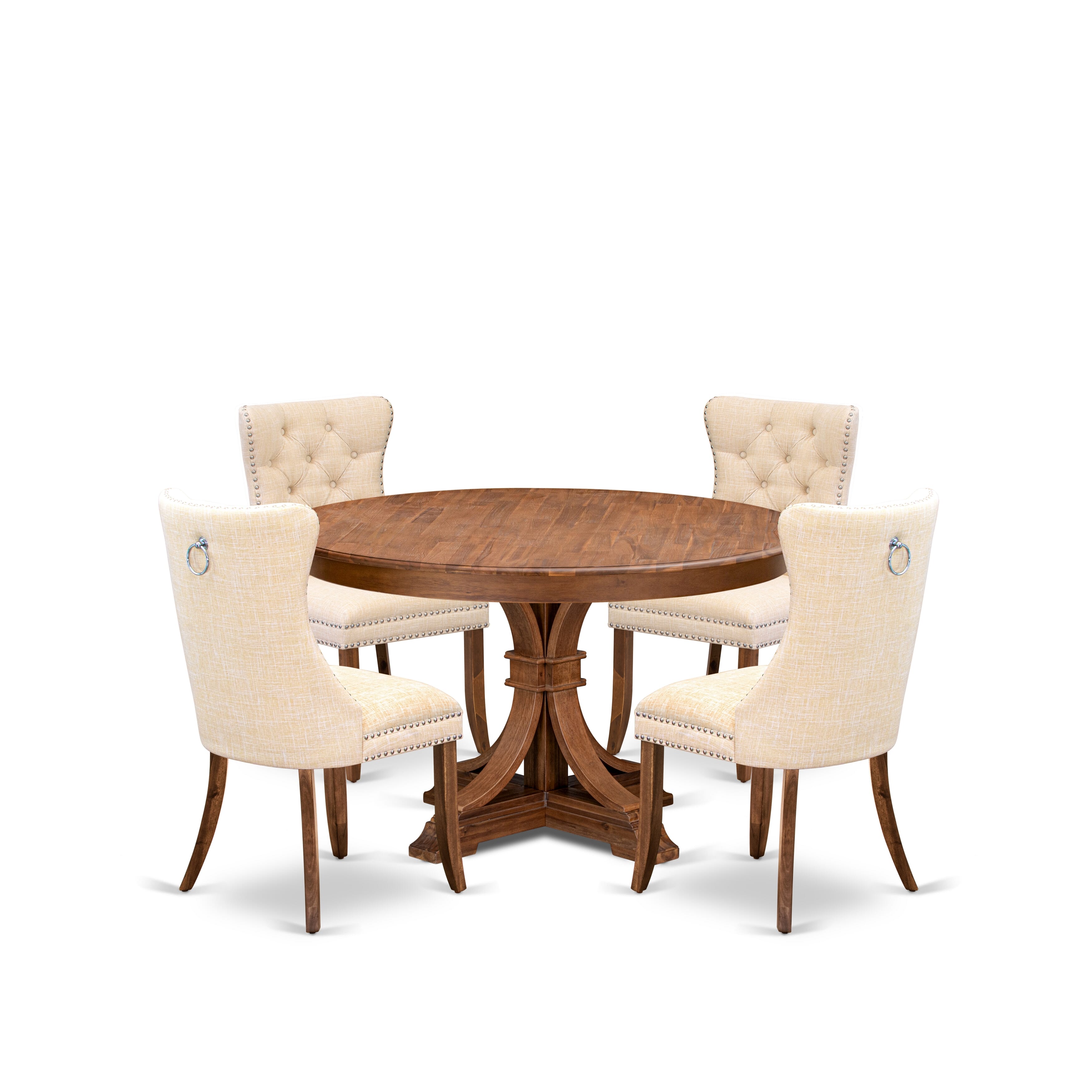 Luxe by East West Furniture F7DA5-50N-32 5-Piece Mid Century Kitchen Set with Linen Fabric 4 Light Beige Dining chairs, Button-Tufted Backs, and a 54"Round Table in Antique Walnut Finish.