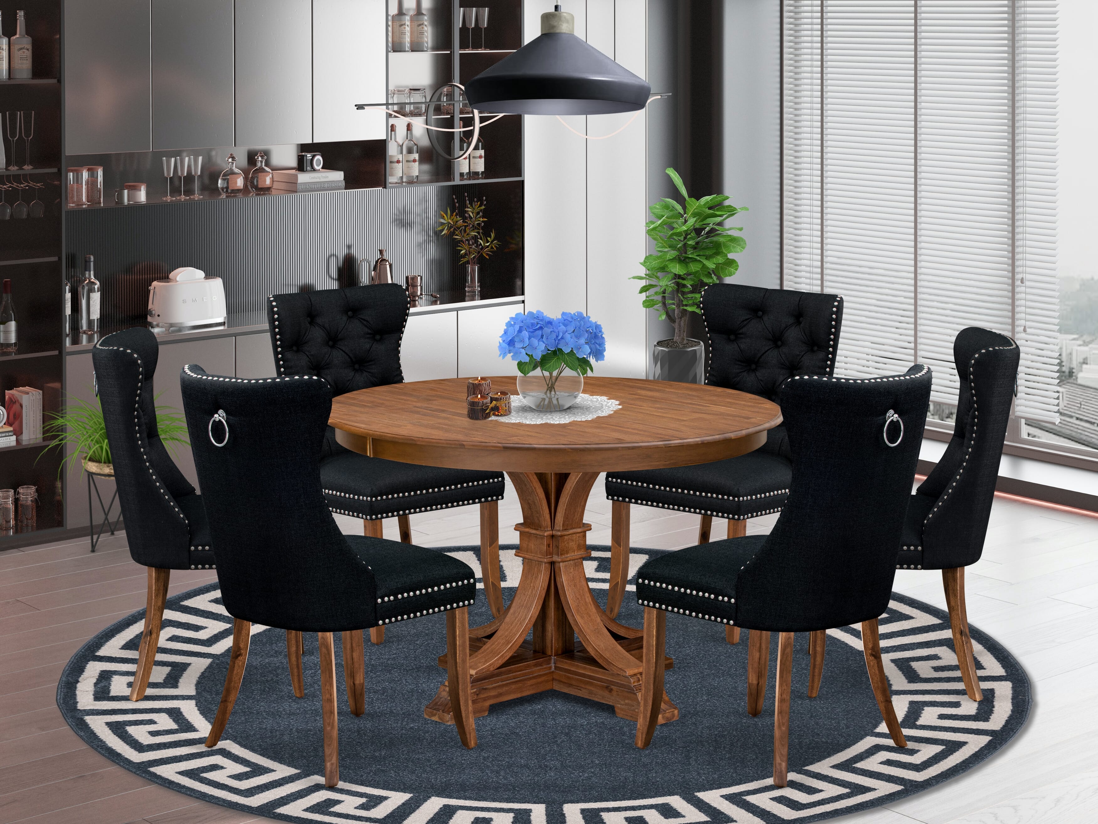 Luxe by East West Furniture F7DA7-40N-24 7-Piece Kitchen Table Set with Linen Fabric 6 Black kitchen chairs, Button-Tufted Backs, and a 48"Round Table in Antique Walnut Finish.