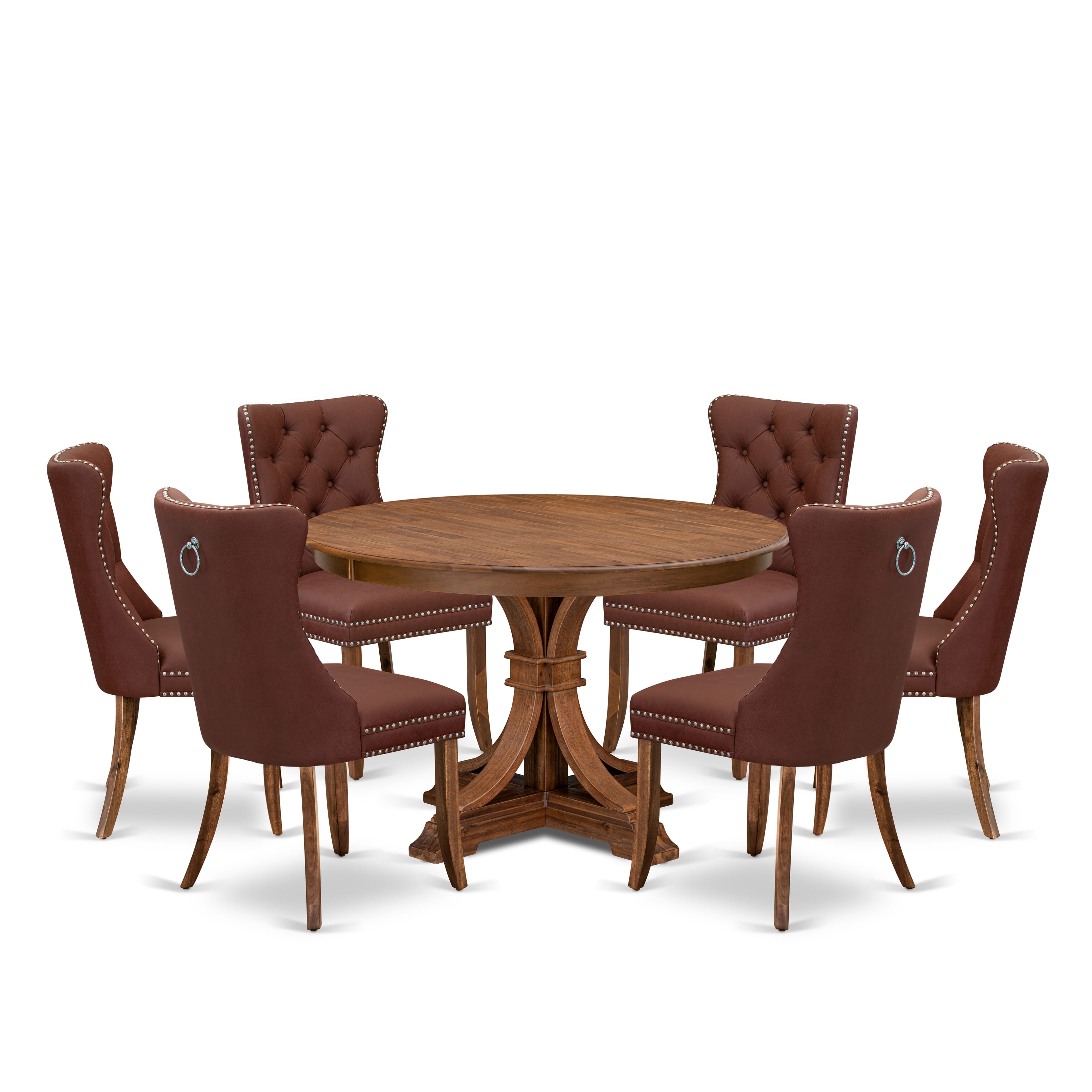 Luxe by East West Furniture F7DA7-40N-26 7-Pc Modern Set Consist a Mid Century Dining Table and 6 Burgundy Faux Leather Parson Chairs with Button-Tufted Back, Antique Walnut