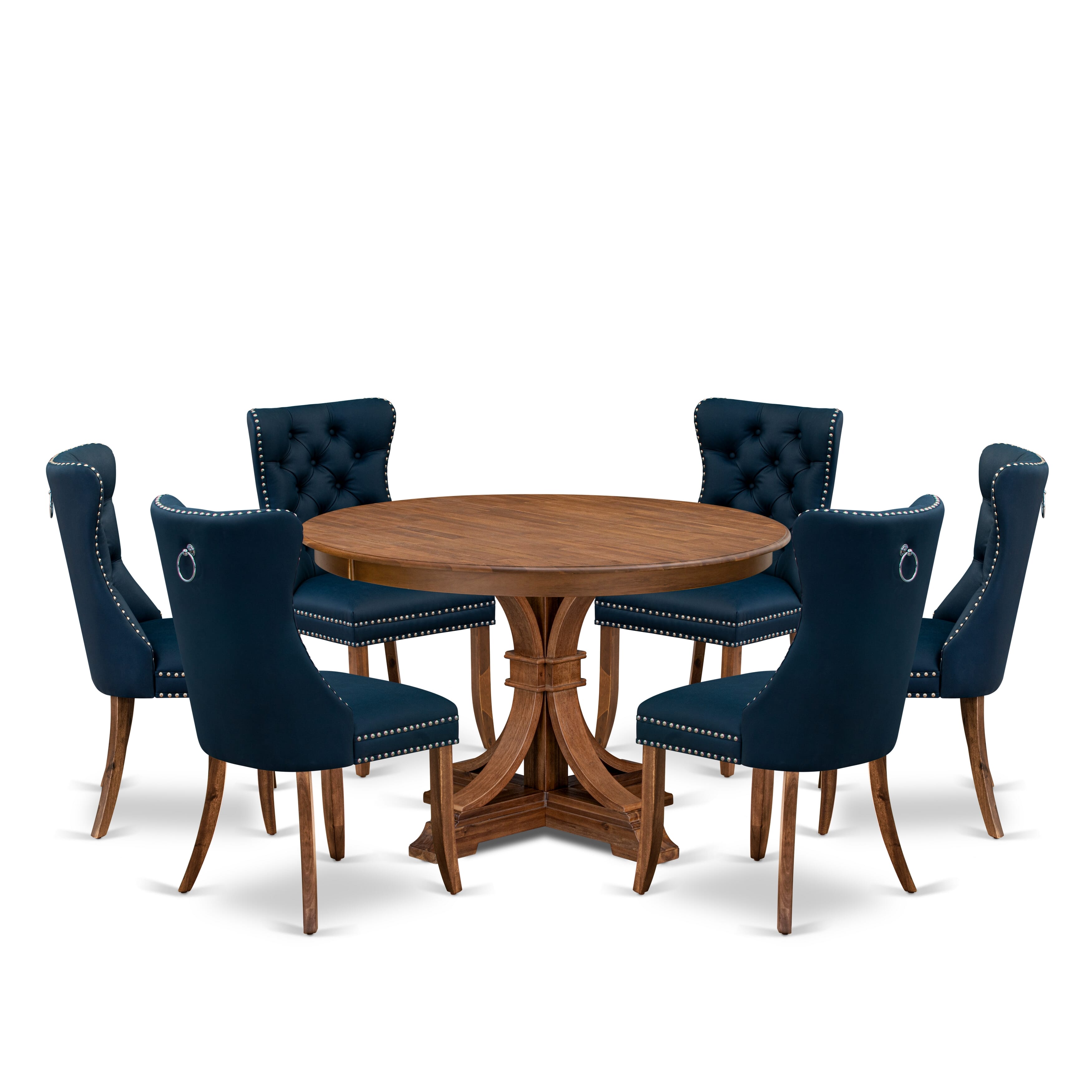 Luxe by East West Furniture F7DA7-40N-29 7-Piece Kitchen Table Set with Faux Leather 6 Navy Blue Parson chairs, Button-Tufted Backs, and a 48"Round Table in Antique Walnut Finish.