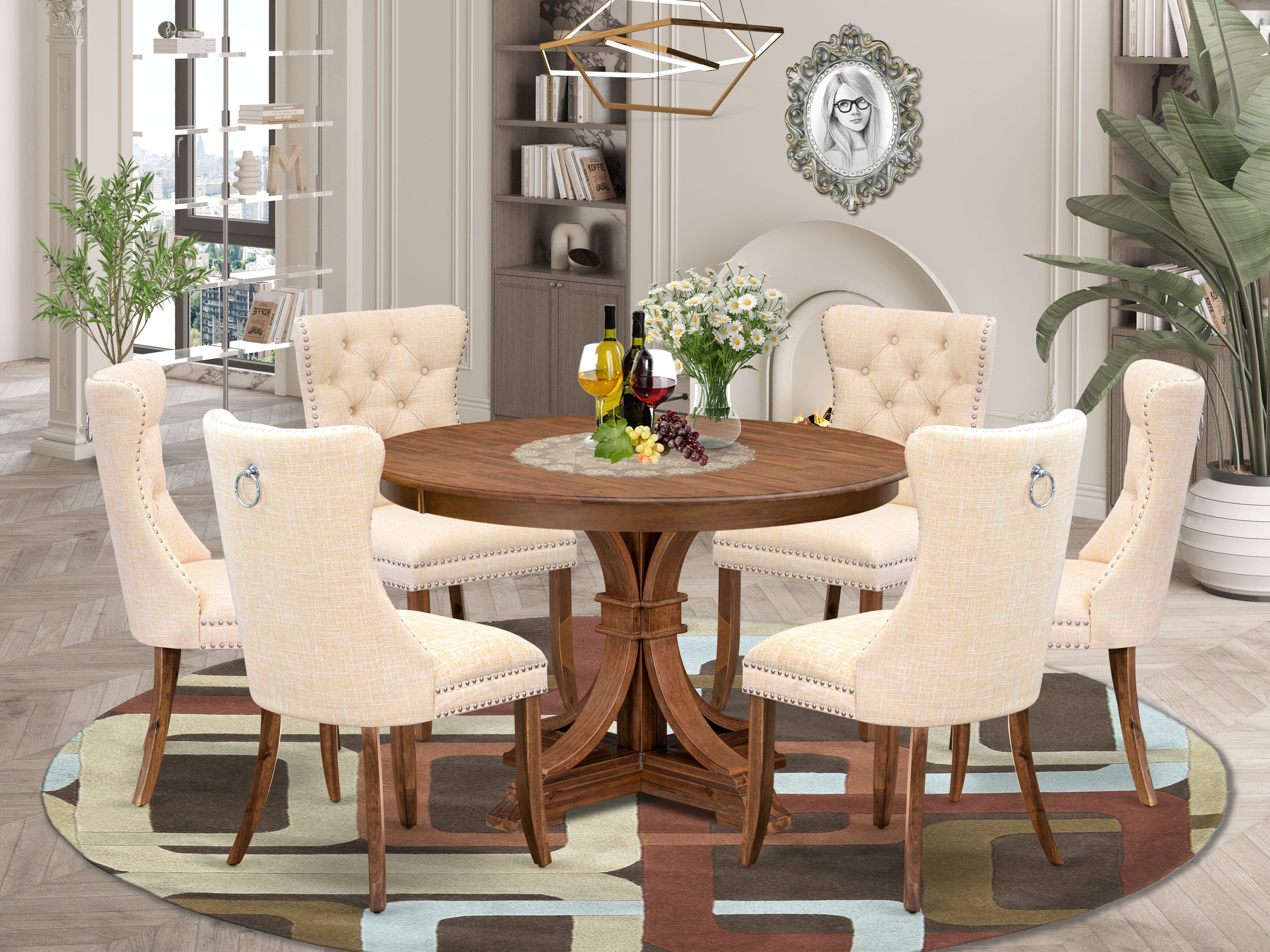 Luxe by East West Furniture F7DA7-40N-32 7-Piece Dining Set with Linen Fabric 6 Light Beige dining room chairs, Button-Tufted Backs, and a 48"Round Table in Antique Walnut Finish.