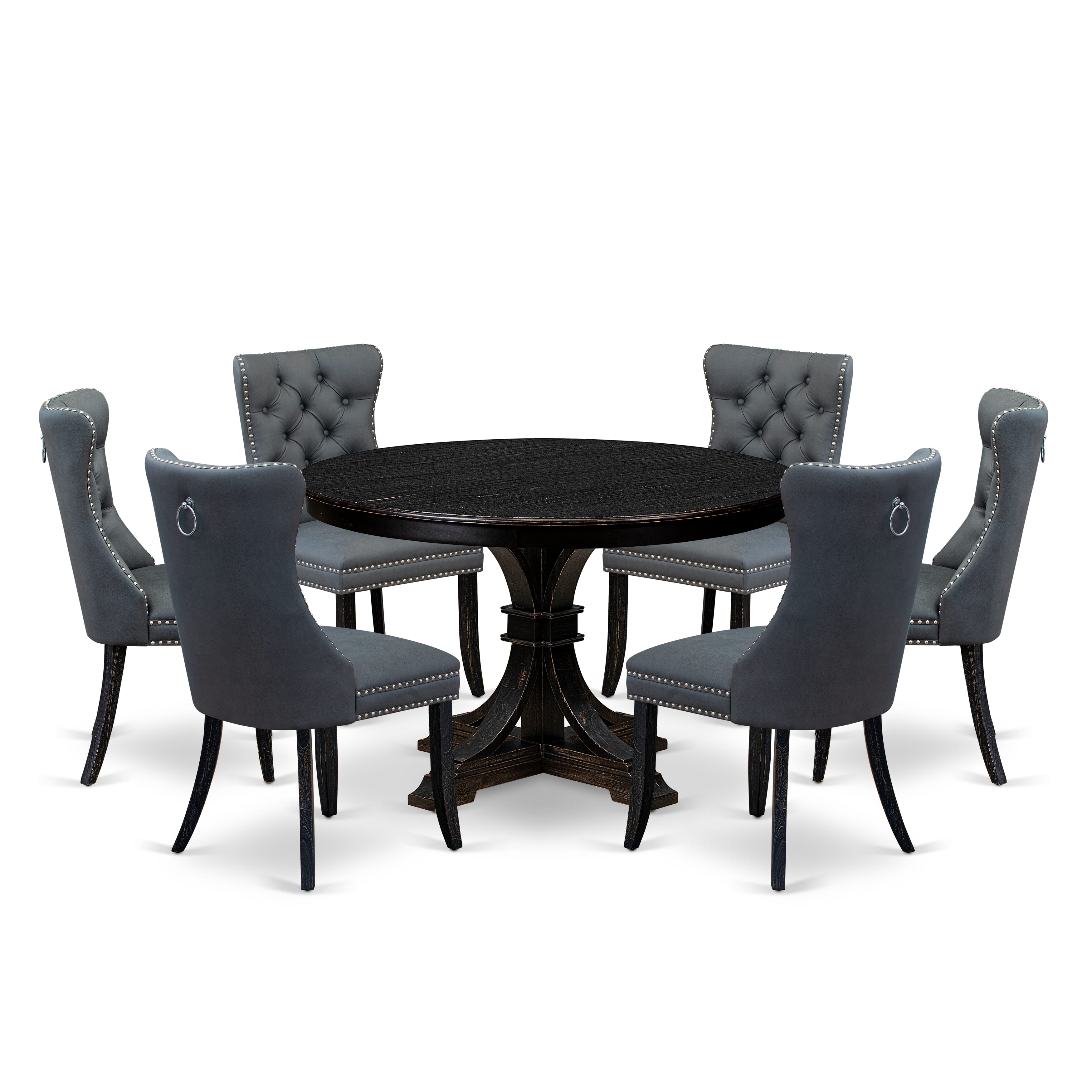 Luxe by East West Furniture F7DA7-411-13 7-piece Kitchen Table Set with Faux Leather 6 Platinum Gray dining chairs, Button-Tufted Backs, and a 48"Round Dining Table in Sand Blasted Black Finish.
