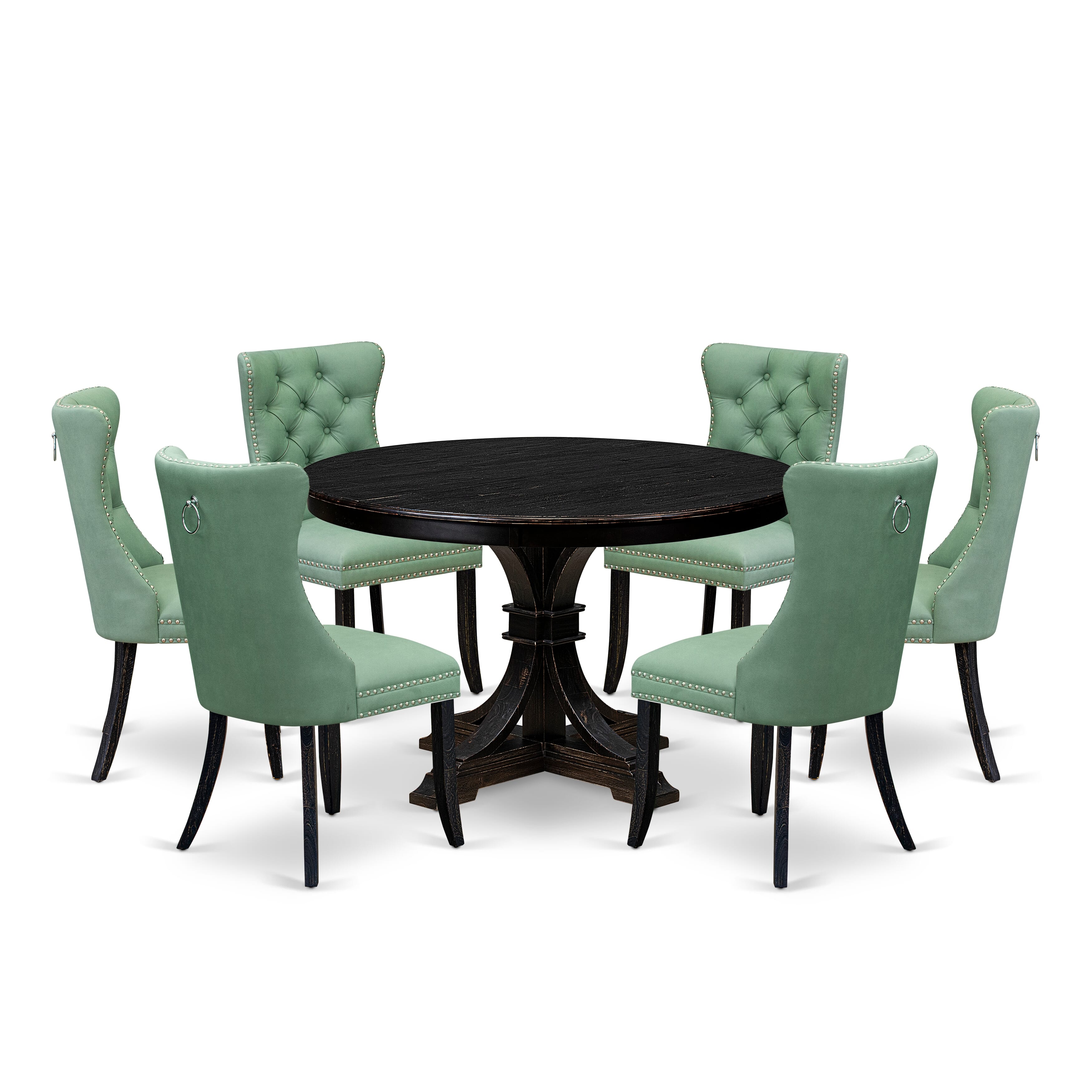 Luxe by East West Furniture F7DA7-411-22 7 Piece Dinette Set Includes a 48" Round Table with Pedestal and 6 Willow Green Faux Leather Upholstered Chairs, Sand Blasted Black