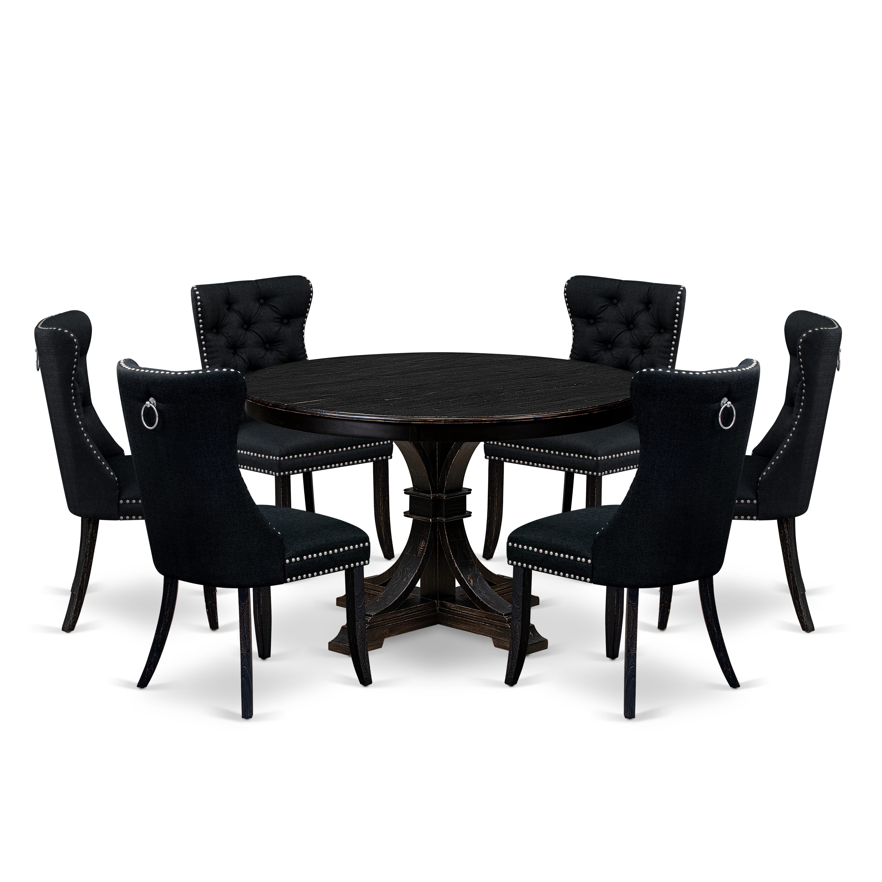 Luxe by East West Furniture F7DA7-411-24 7 Piece Kitchen Table Set Includes a 48" Round Table with Pedestal and 6 Black Linen Fabric Upholstered Chairs, Sand Blasted Black